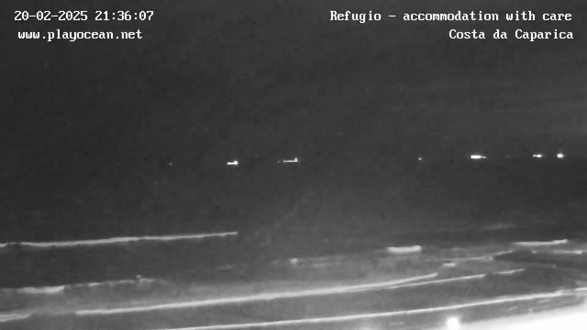 A nighttime, low-light view of a dark coastline with a few distant lights visible on the horizon.