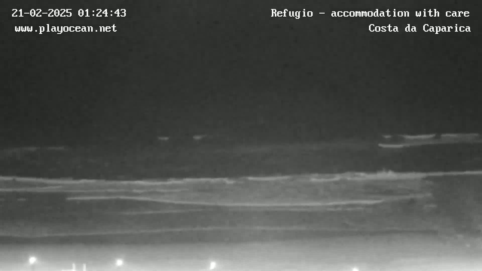 A nighttime, low-light image shows dark land meeting a dark ocean with small waves under a dark sky.