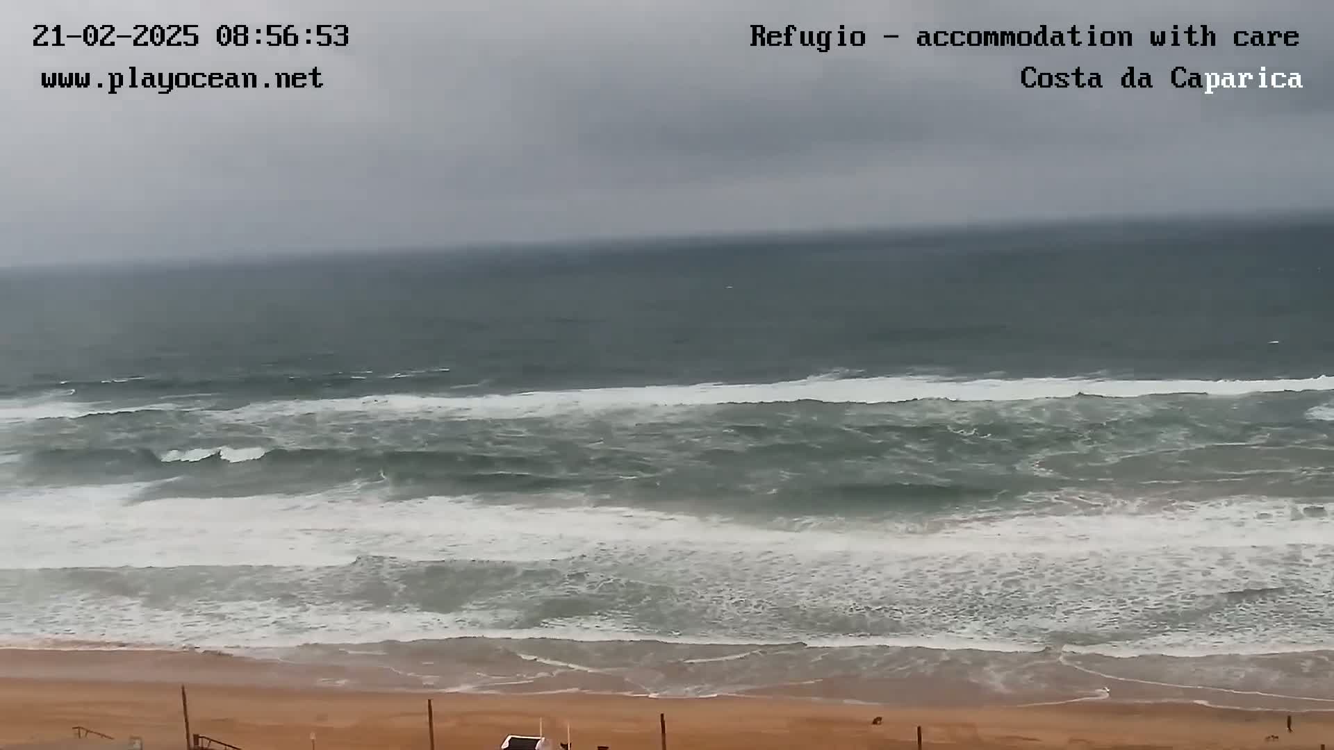 A wide shot shows a sandy beach with moderately sized waves crashing on the shore under an overcast sky.