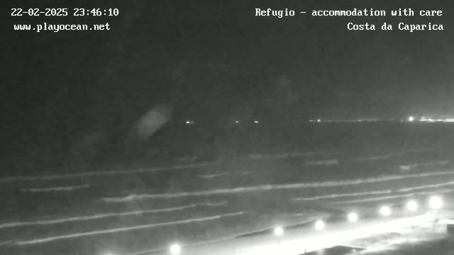A nighttime view of dark ocean waves lapping a shoreline with distant lights visible.