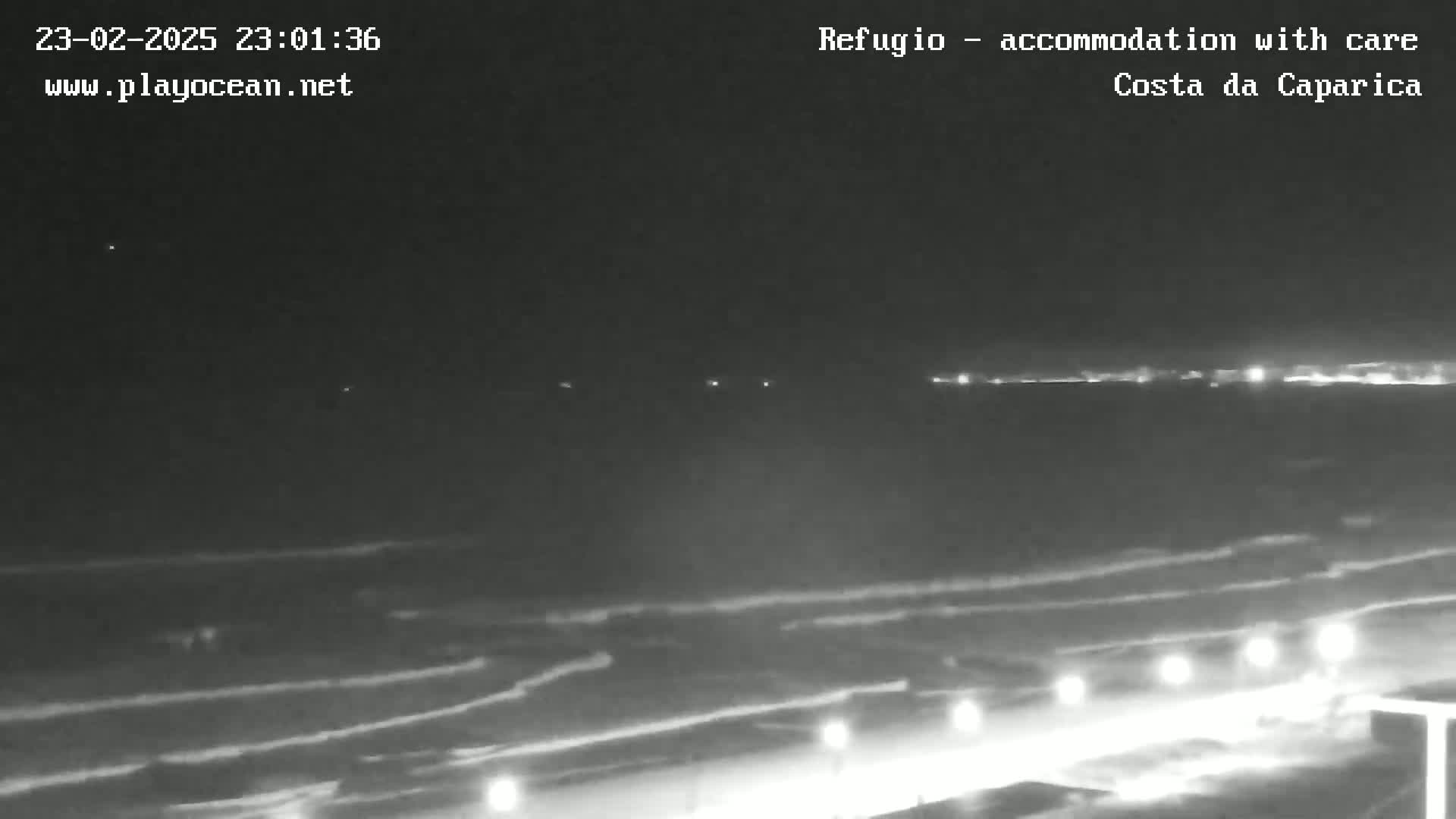 A nighttime, long shot of a dark ocean with waves rolling onto a beach lined with lights under a clear, dark sky.