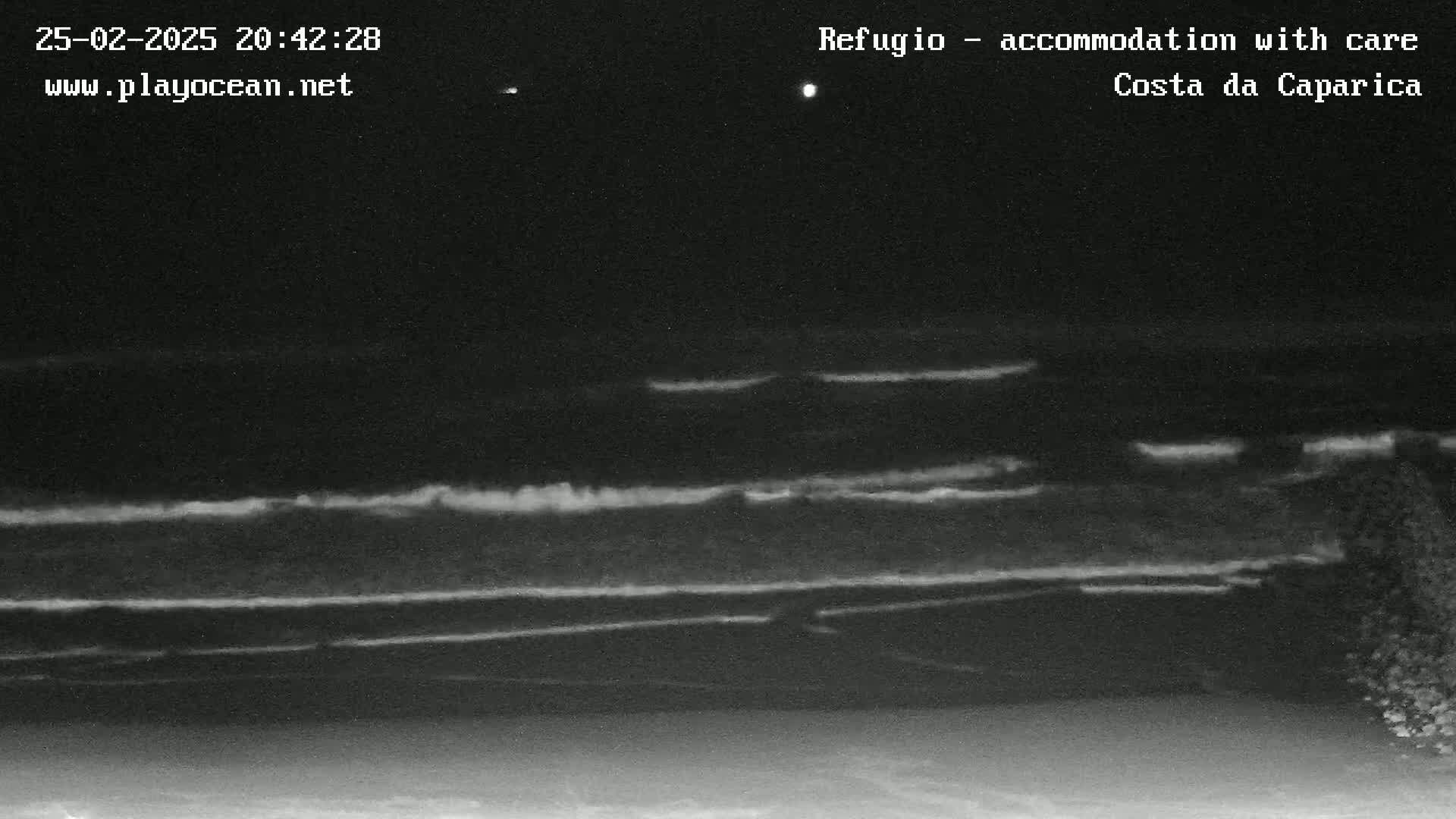 A nighttime long shot shows dark ocean waves lapping at a shore under a clear, dark sky.