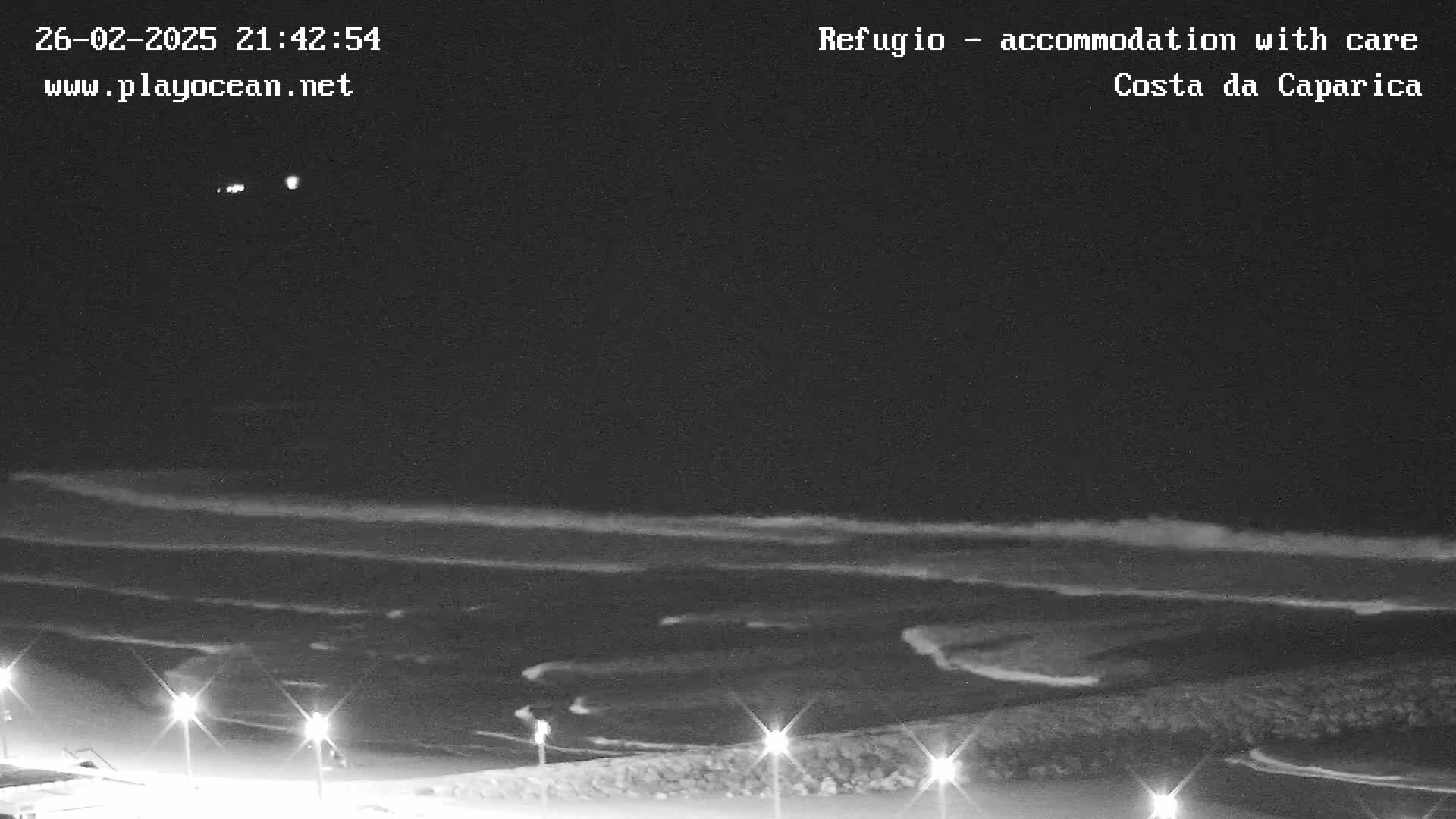 A nighttime view of a dark ocean with small waves breaking near a shoreline with lights illuminating a paved area.