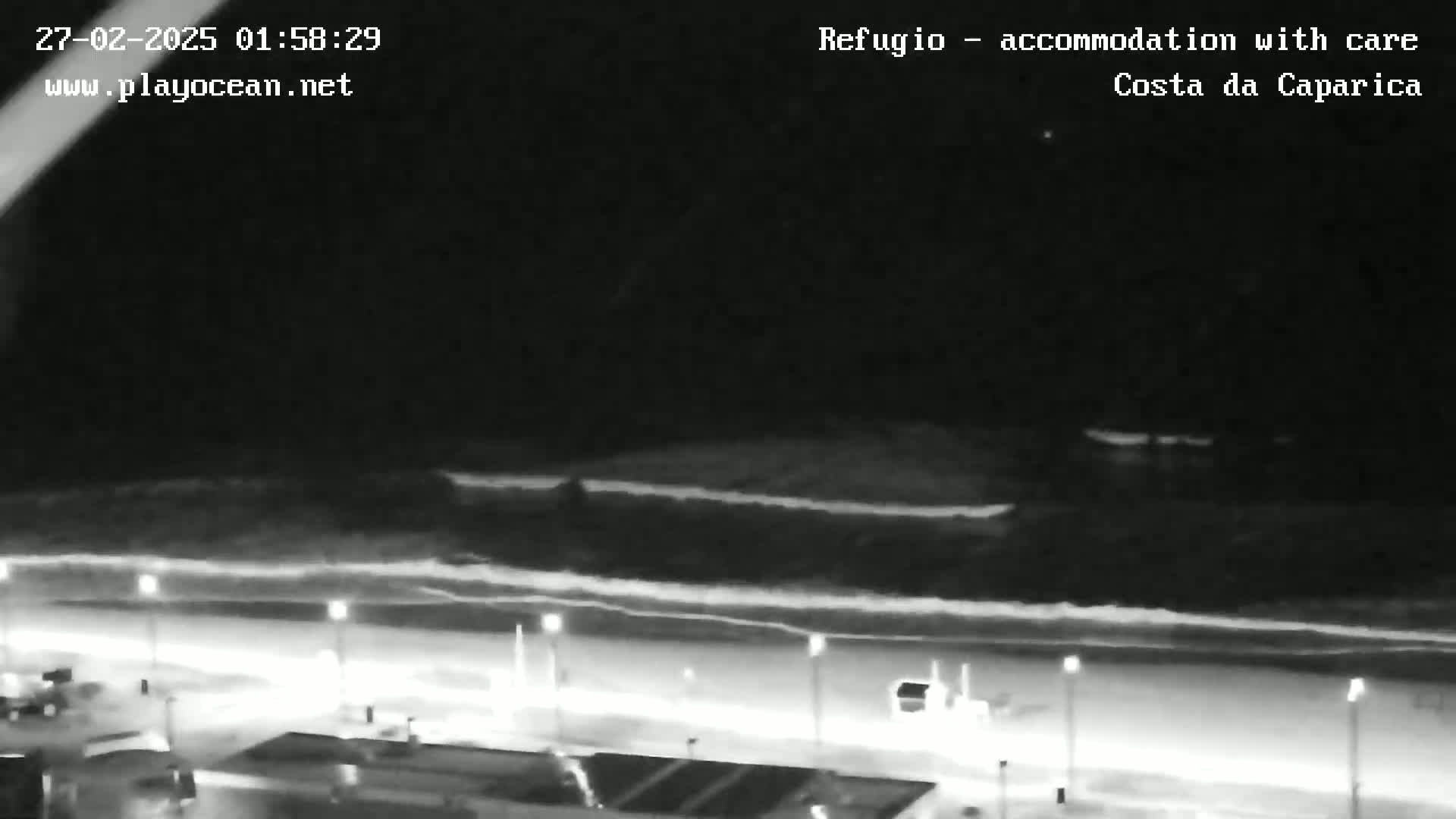 A nighttime, high-angle view shows a dark beach with gentle waves lapping the shore, illuminated by lights along a nearby road.