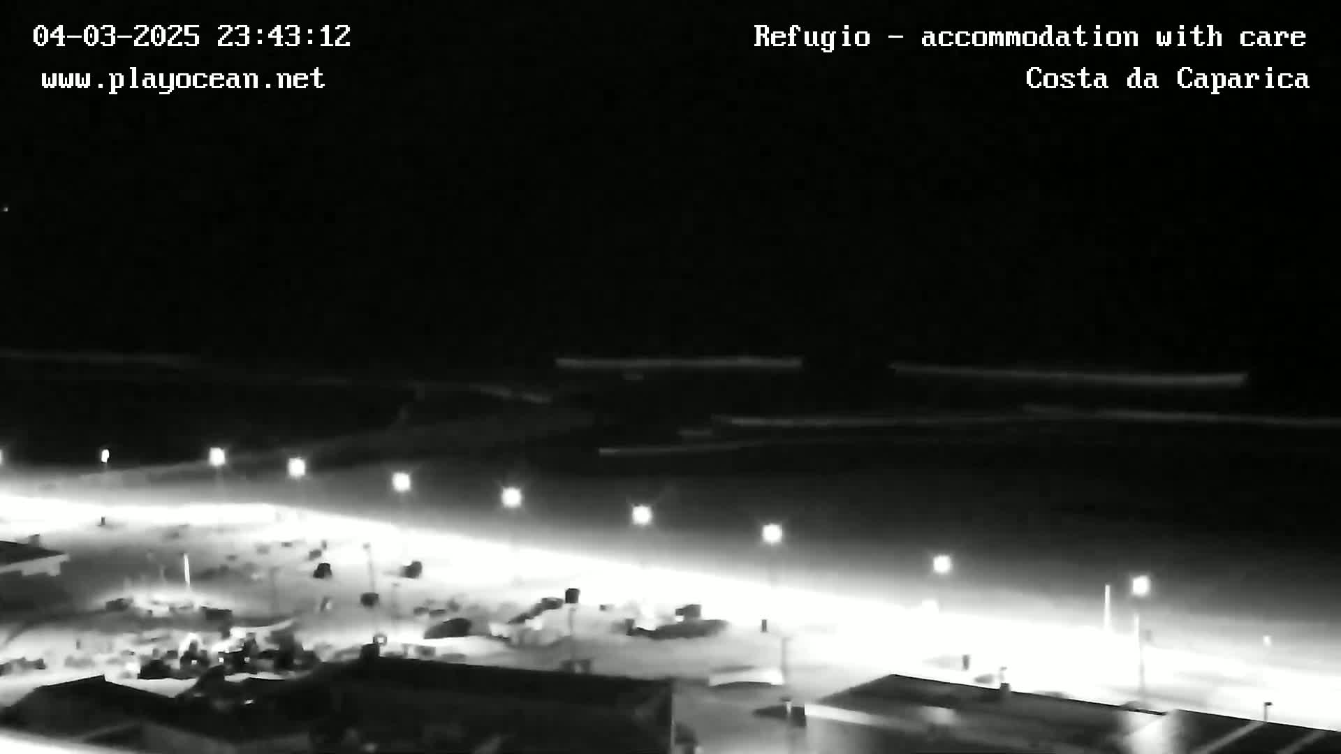 A nighttime, high-angle view shows a dimly lit beach and shoreline with a dark ocean under a clear sky.
