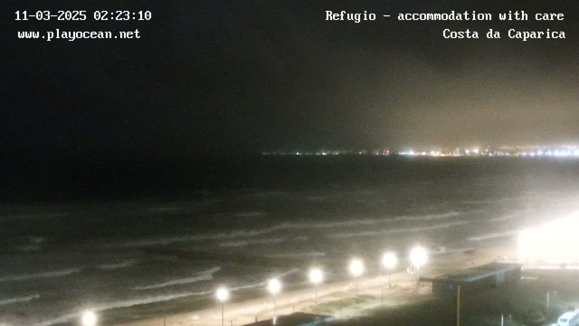 A nighttime view of a beach with moderately rough waves under a dark sky, showing a distant city skyline illuminated with lights.