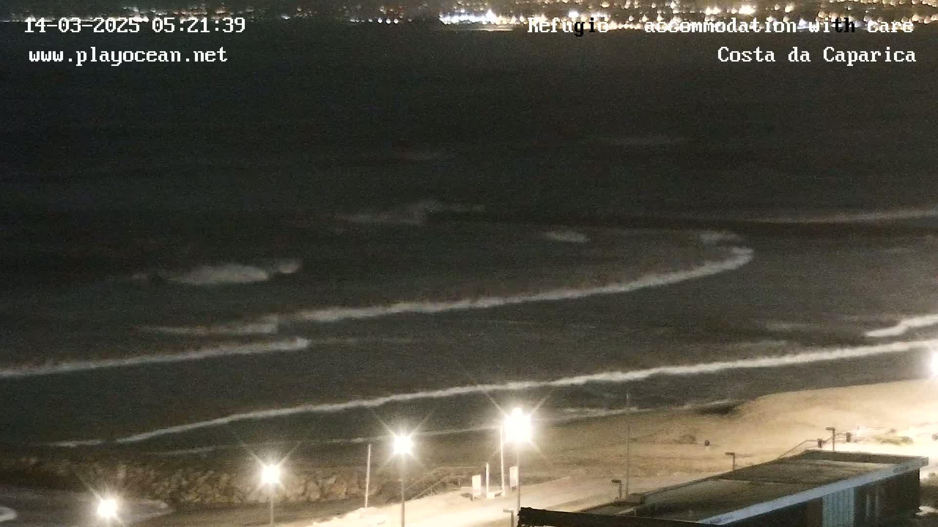Dark waves roll onto a beach at night, illuminated by several streetlights along a paved walkway.