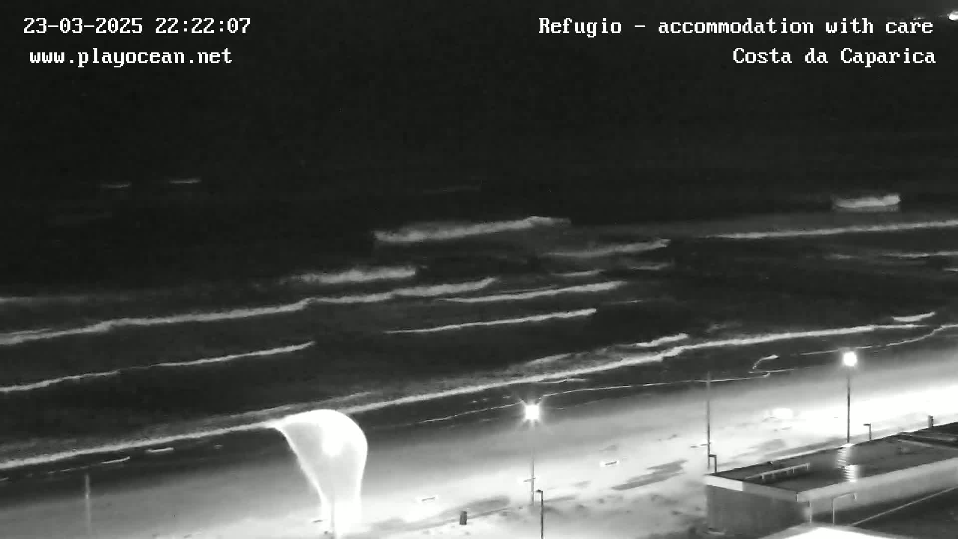 A nighttime, black and white view shows moderately sized waves rolling onto a sandy beach under a dark sky.