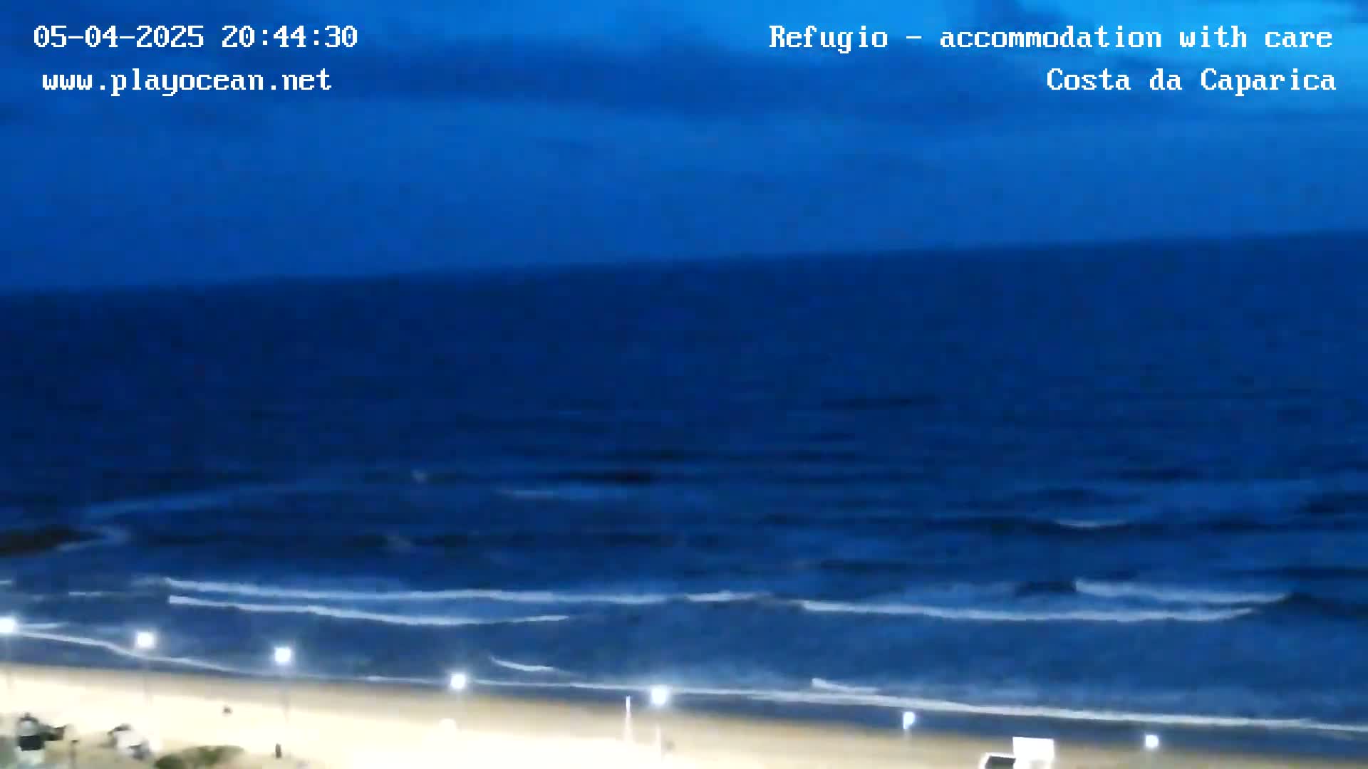 A dark blue ocean with small waves rolls onto a sandy beach at night under a mostly clear sky.