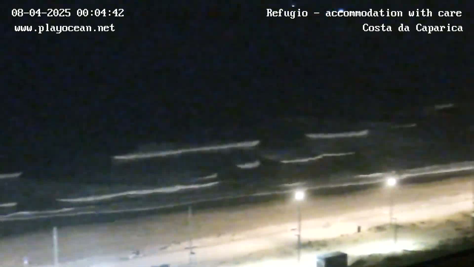 A nighttime view of a beach with gently rolling waves under a dark sky.