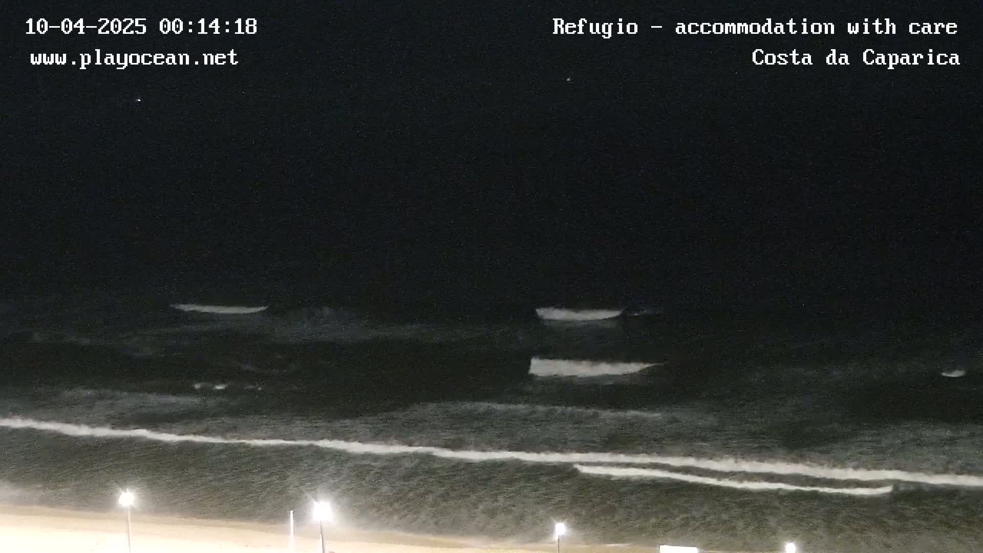 A nighttime view of a beach with gently breaking waves under a clear, dark sky.