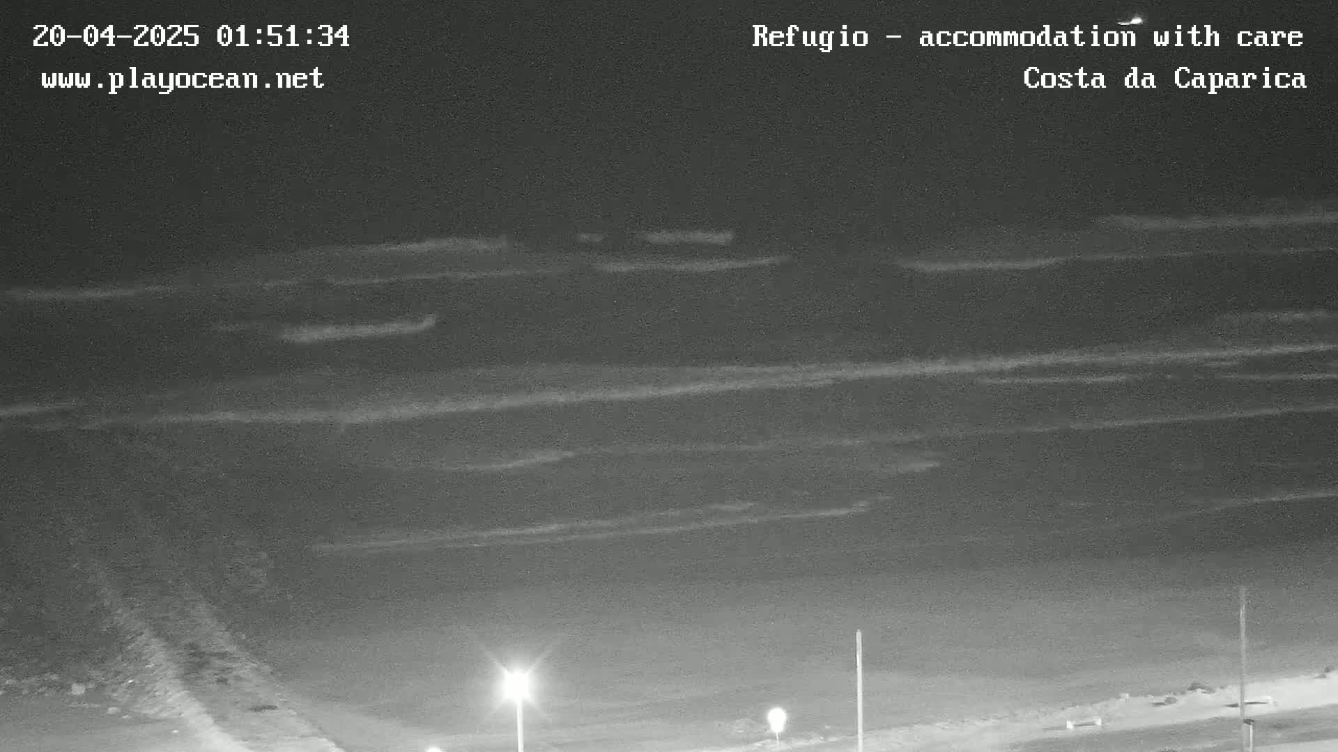 A nighttime, low-light view of dark ocean waves breaking gently on a beach with dimly lit streetlights visible in the foreground.