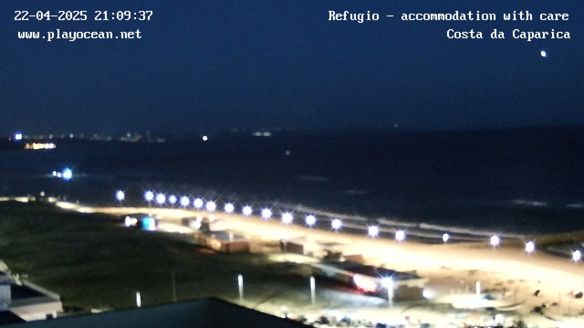 A nighttime coastal scene shows a dimly lit beach with a line of lights along the shore, overlooking a dark ocean under a clear night sky.