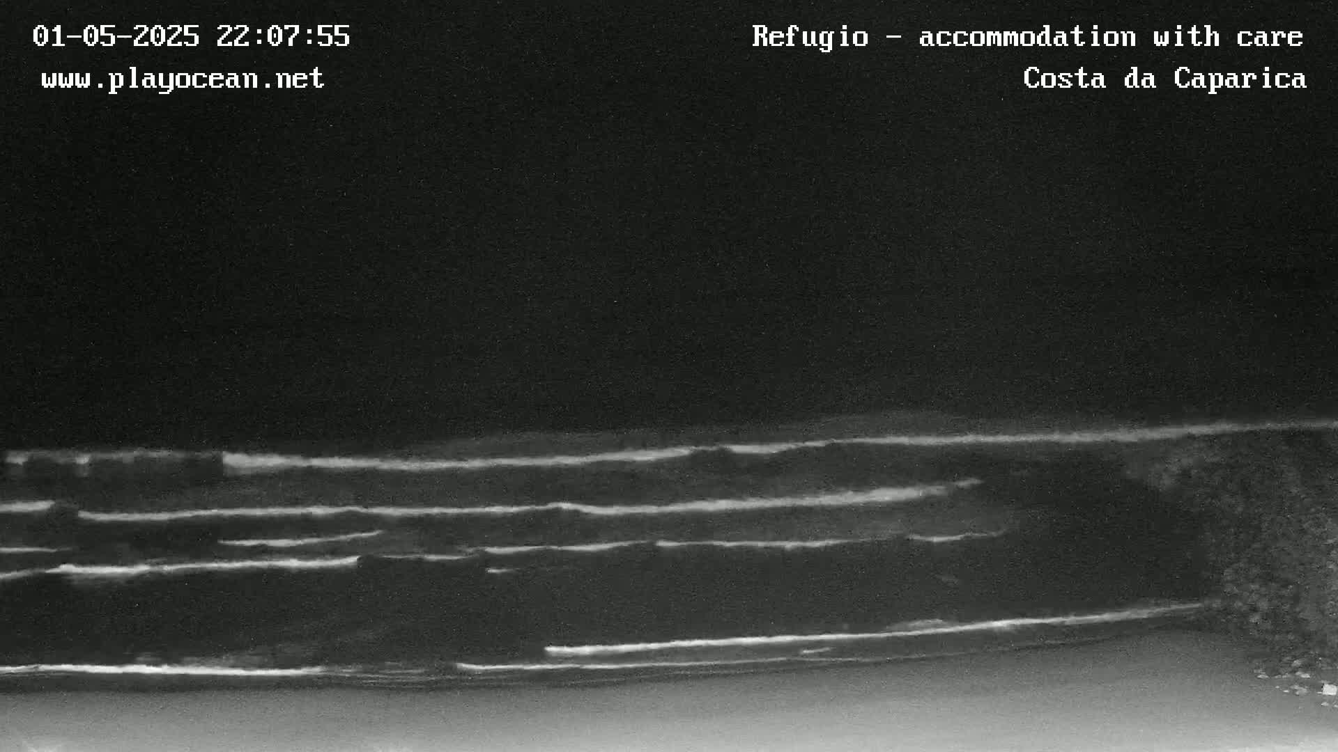 A nighttime view of dark ocean waves breaking on a beach under a clear, dark sky.