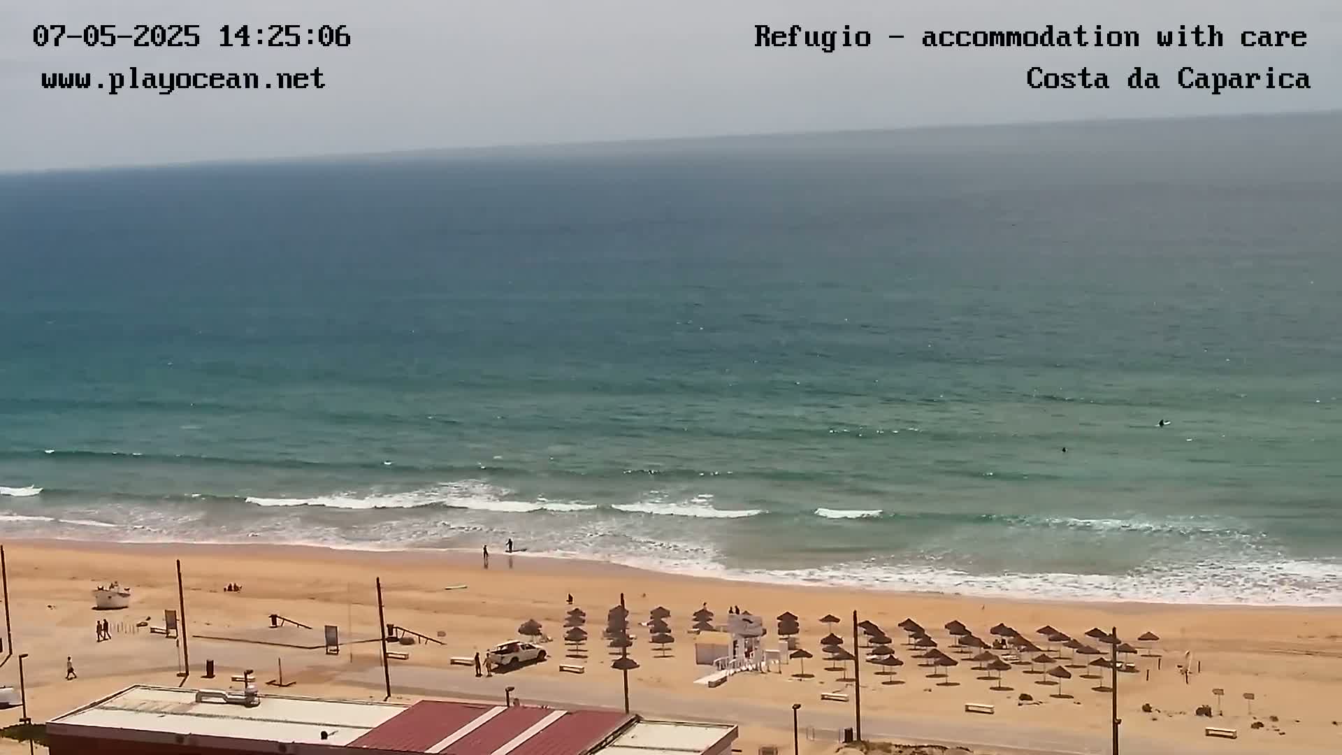 An overhead view shows a beach with numerous umbrellas and a calm ocean under a mostly cloudy sky.