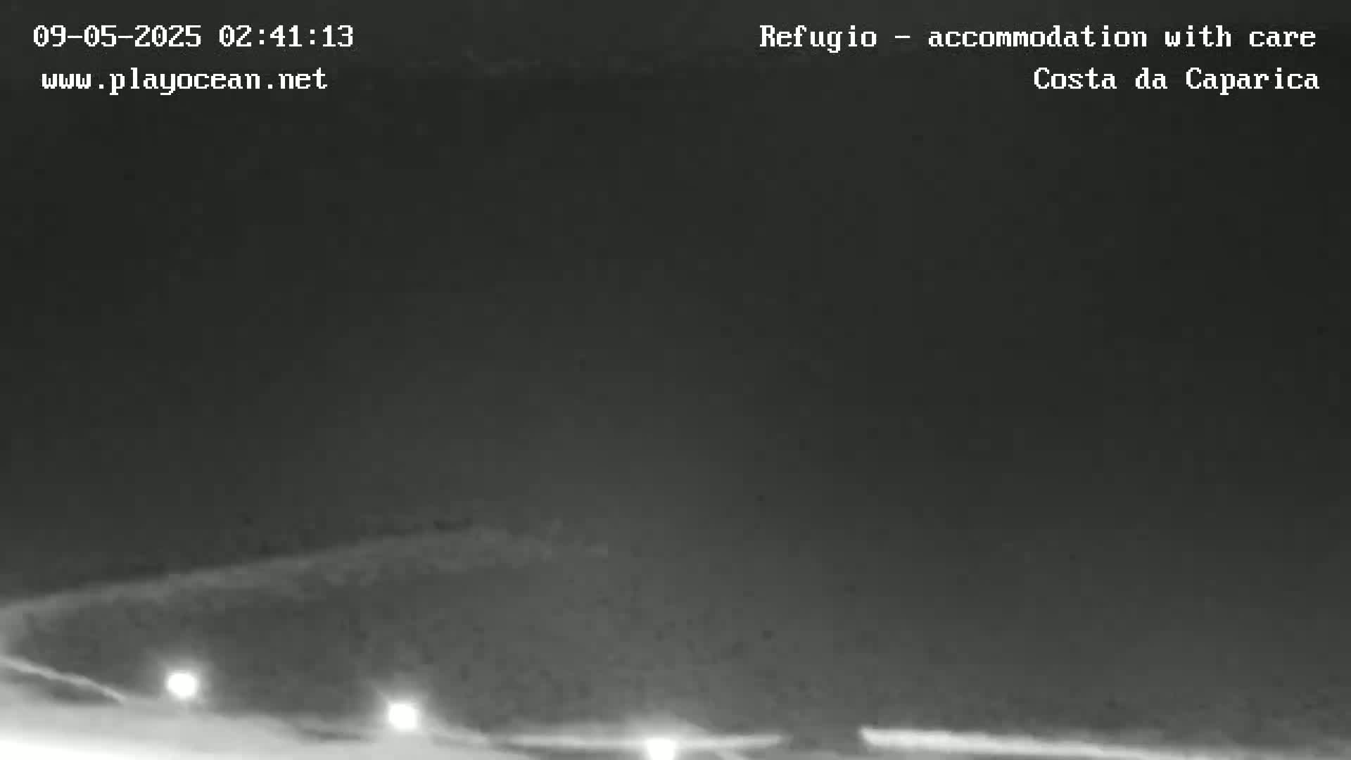 A nighttime, low-light view of a dark landscape with a few faint lights visible in the distance.