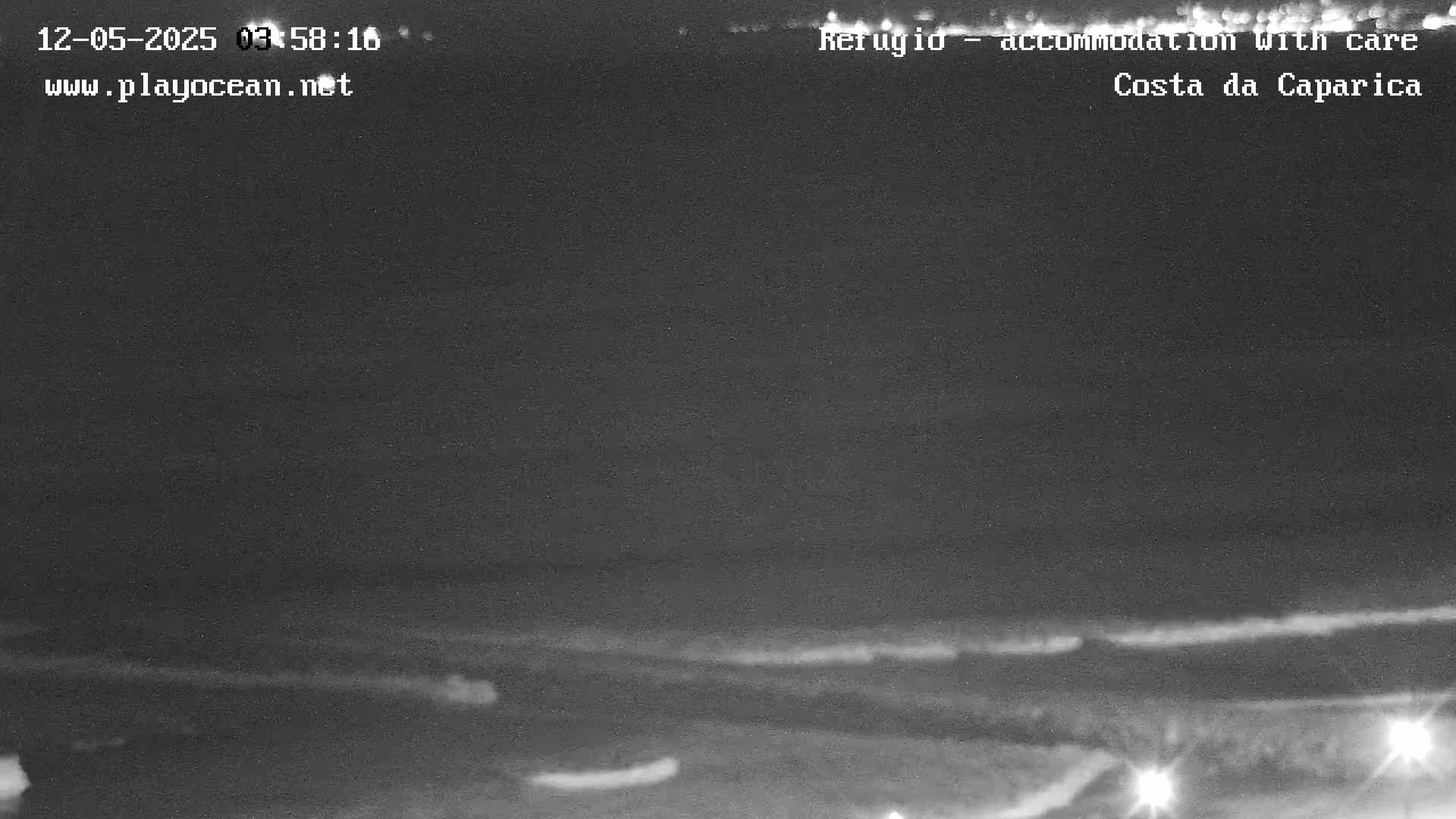 A nighttime, low-light view of an ocean shoreline with gently breaking waves.