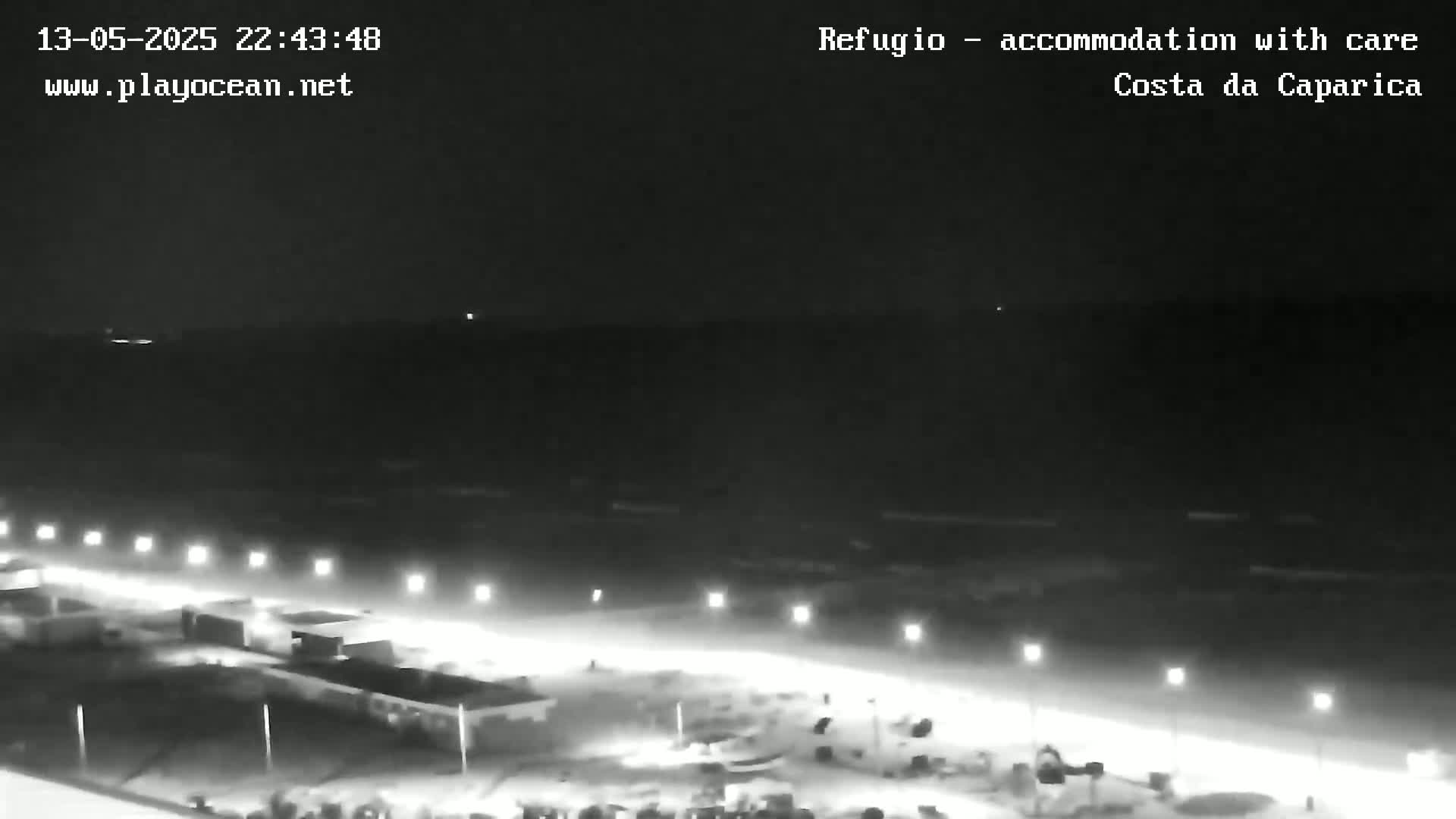 A nighttime, low-angle, long shot shows a dark beach with dimly lit buildings and a dark ocean under a clear night sky.