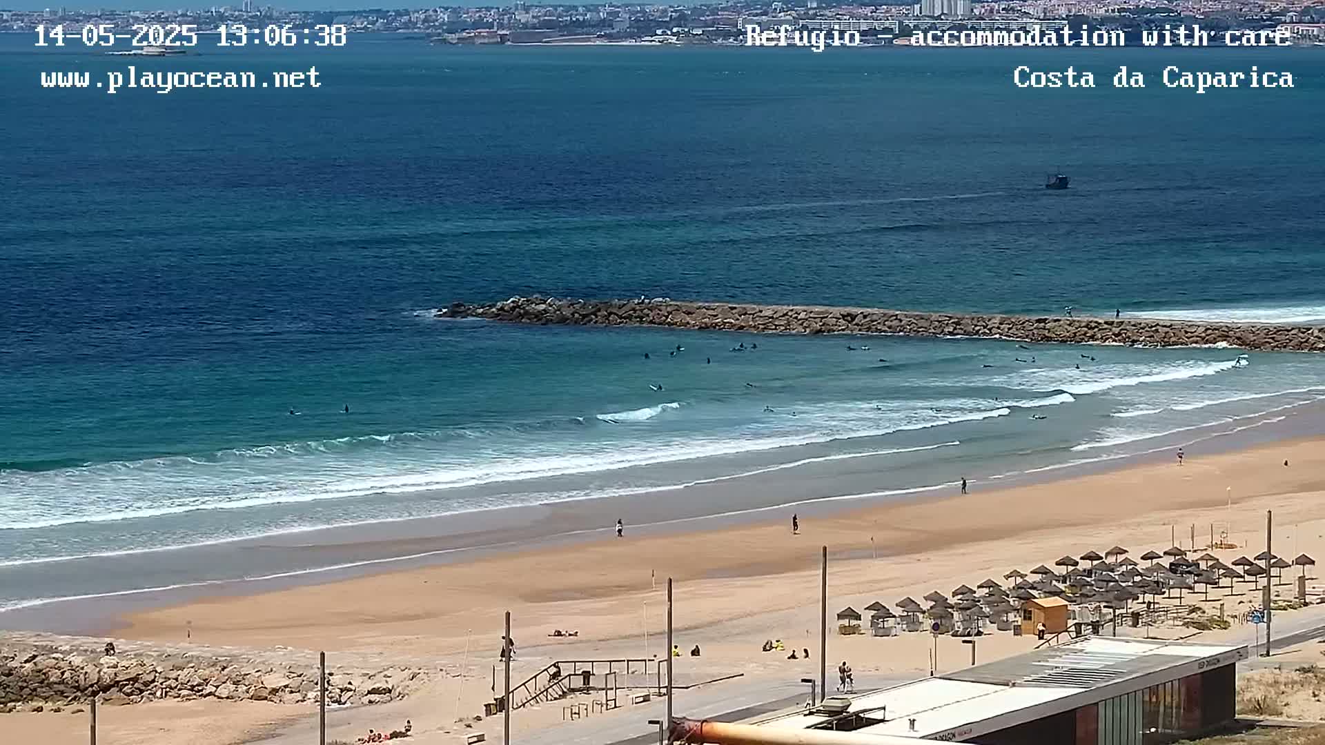 A sandy beach with numerous surfers in the ocean under sunny skies,  beach umbrellas, and a distant cityscape visible across the water.