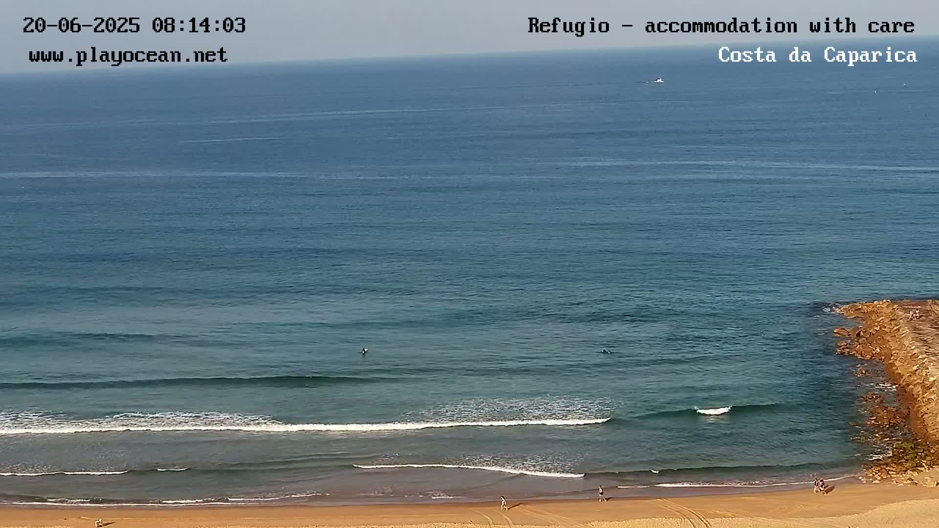 A sandy beach with a few people on it meets a calm ocean with several surfers, under a clear sky.