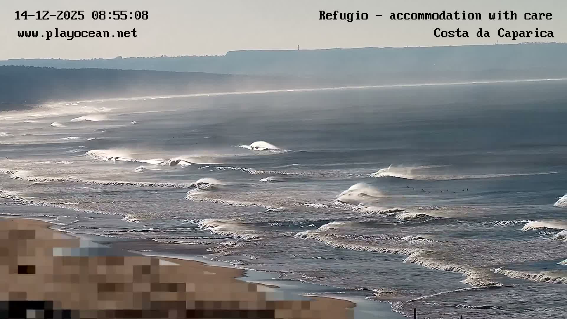 A pixelated nighttime view of an ocean beach under clear skies shows breaking waves and a row of bright lights illuminating a path or structure in the foreground.