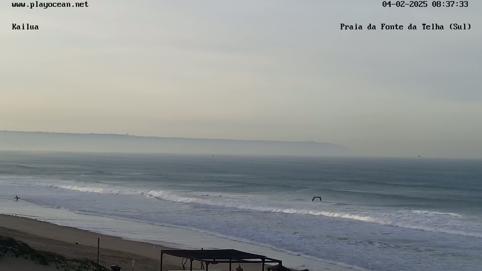 A hazy, overcast day reveals a wide sandy beach with gentle waves rolling onto the shore, a single surfer in the water, and a bird flying overhead.