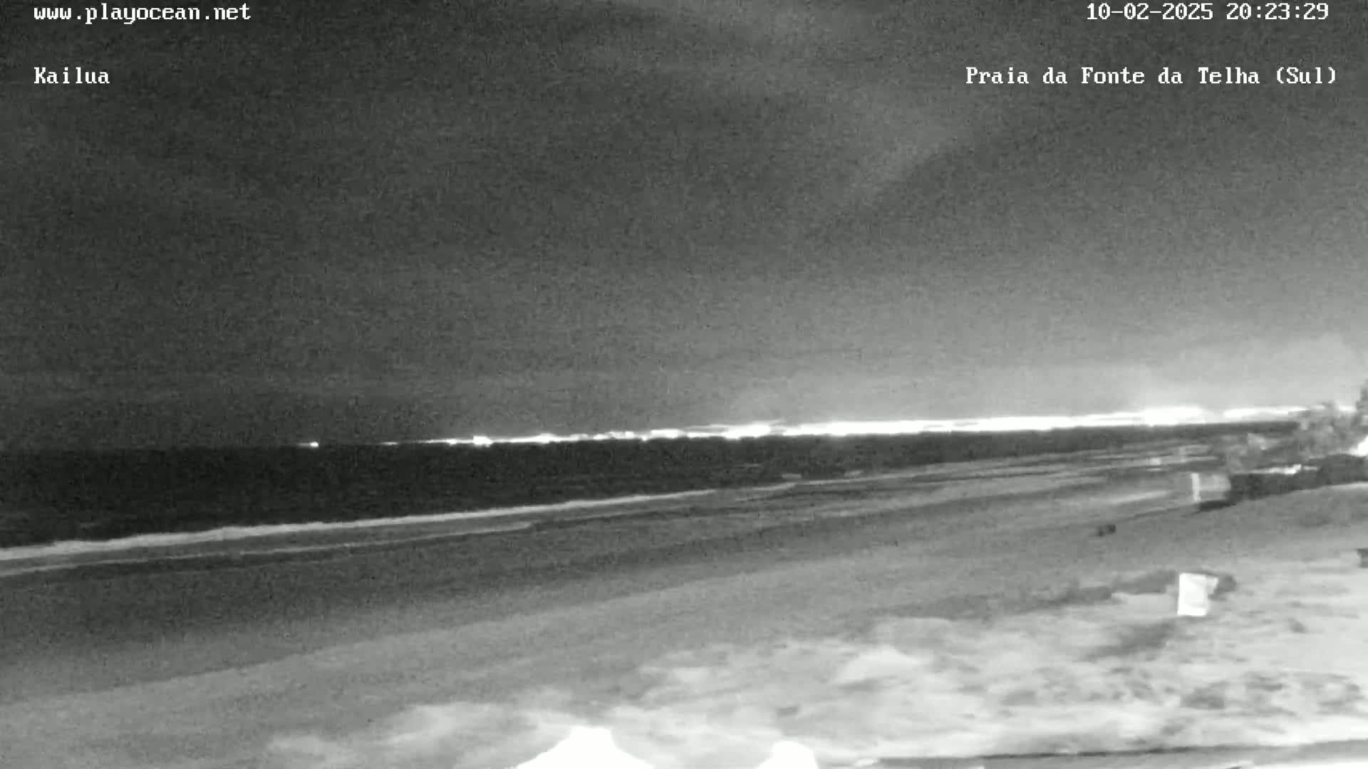 A nighttime, grayscale view of a dark ocean with a dimly lit shoreline and a faint horizon line of lights in the distance.