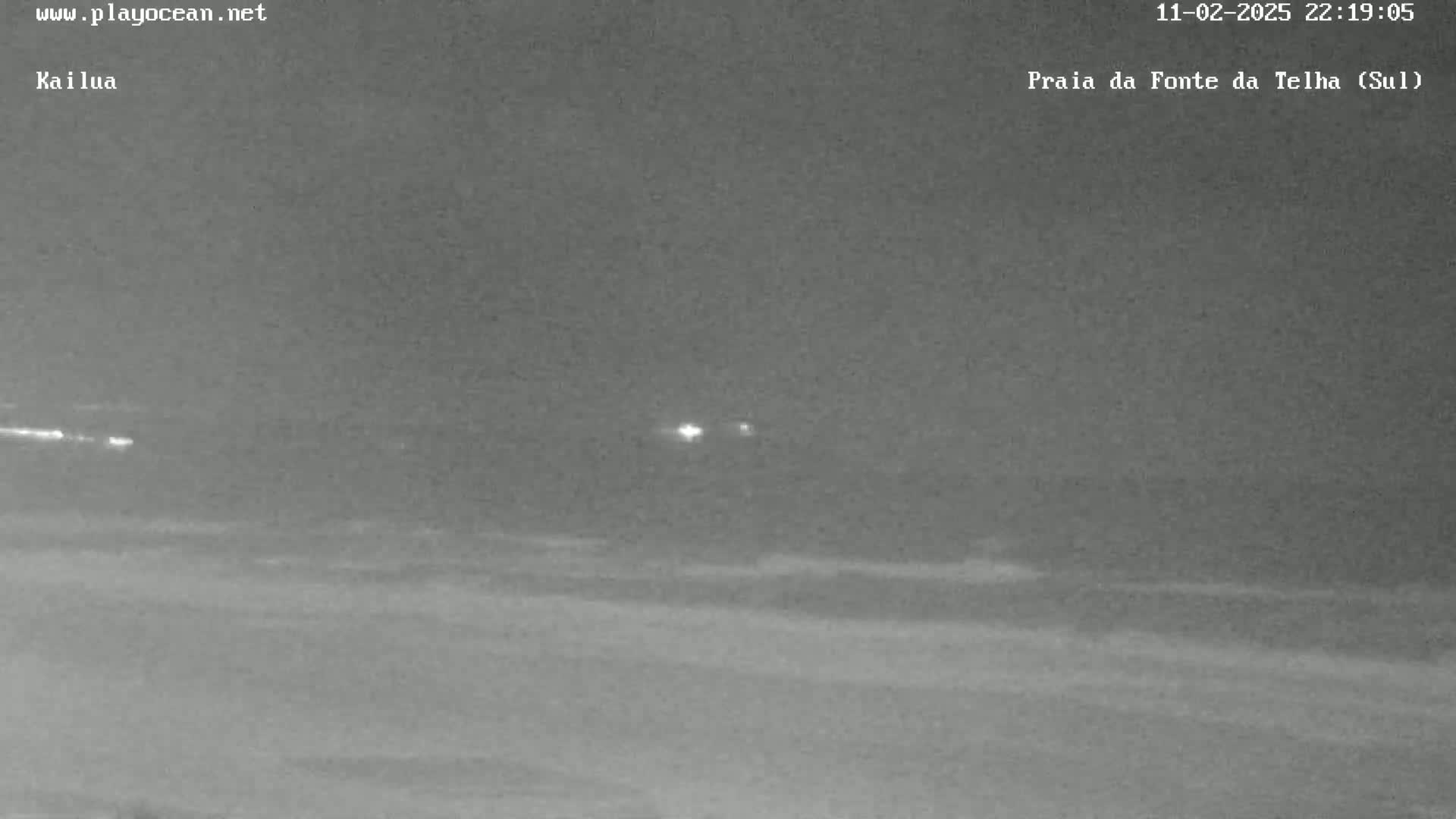 A nighttime, low-light image shows a dark beach with gently lapping waves under a clear sky.