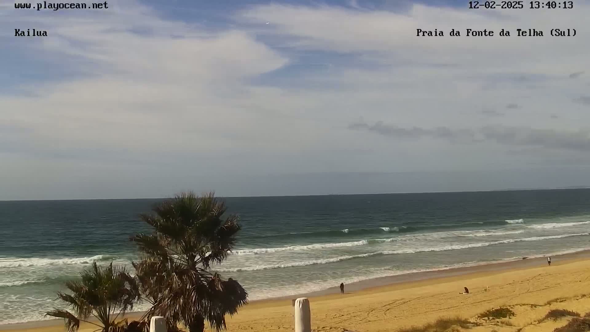 A partly cloudy day at a beach shows ocean waves rolling onto a sandy shore with a few people visible in the distance and palm trees in the foreground.