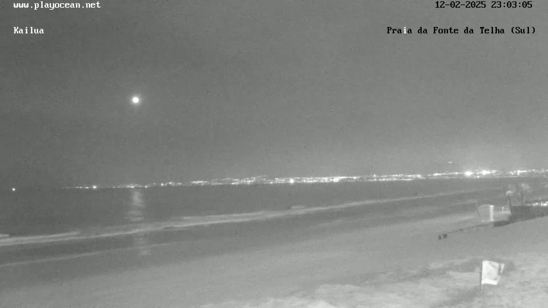 A nighttime beach scene shows a calm ocean with a distant city skyline illuminated under a clear sky.