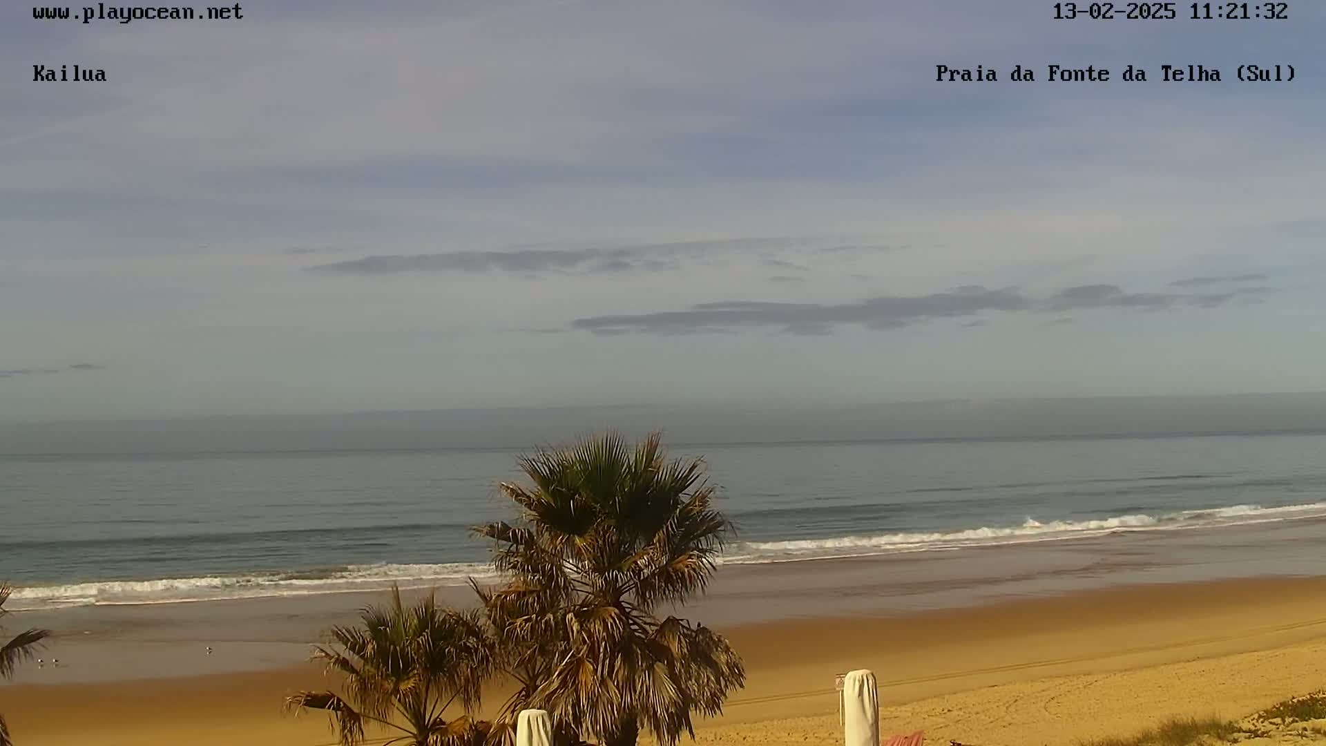 A mostly cloudy sky overlooks a calm ocean with small waves gently lapping a sandy beach, where palm trees are visible in the foreground.