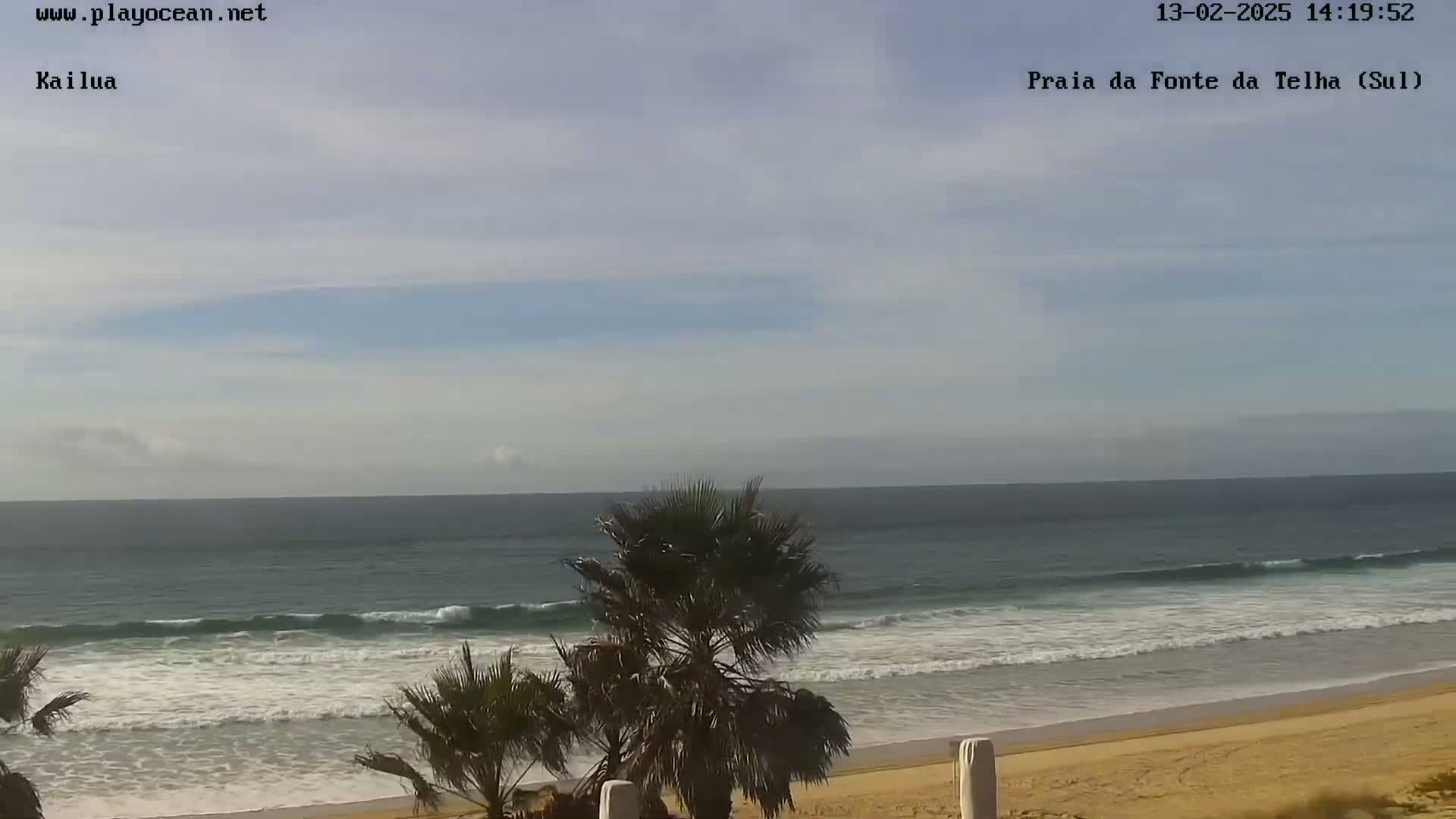 A partly cloudy day at a sandy beach shows gently rolling waves meeting the shore, with palm trees in the foreground.
