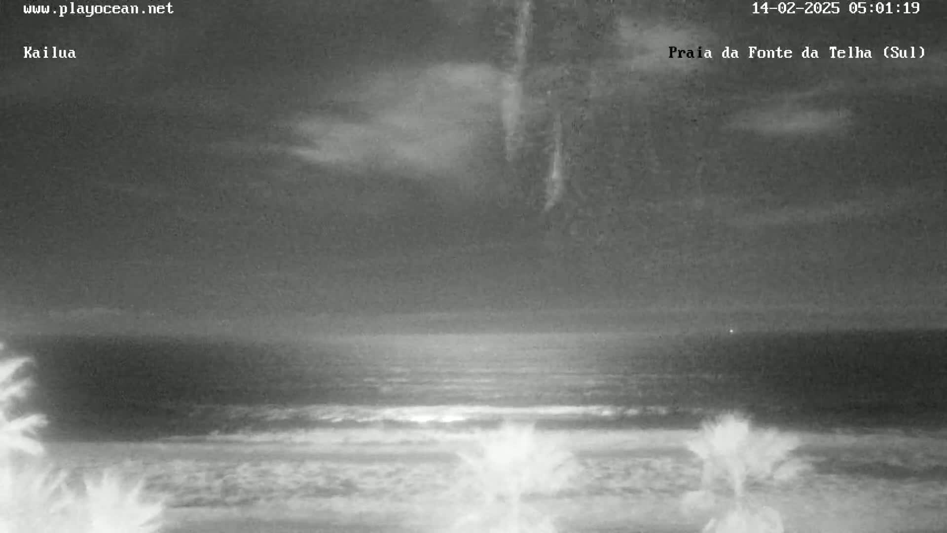 A nighttime, grayscale view shows a calm ocean meeting a beach under a partly cloudy sky.