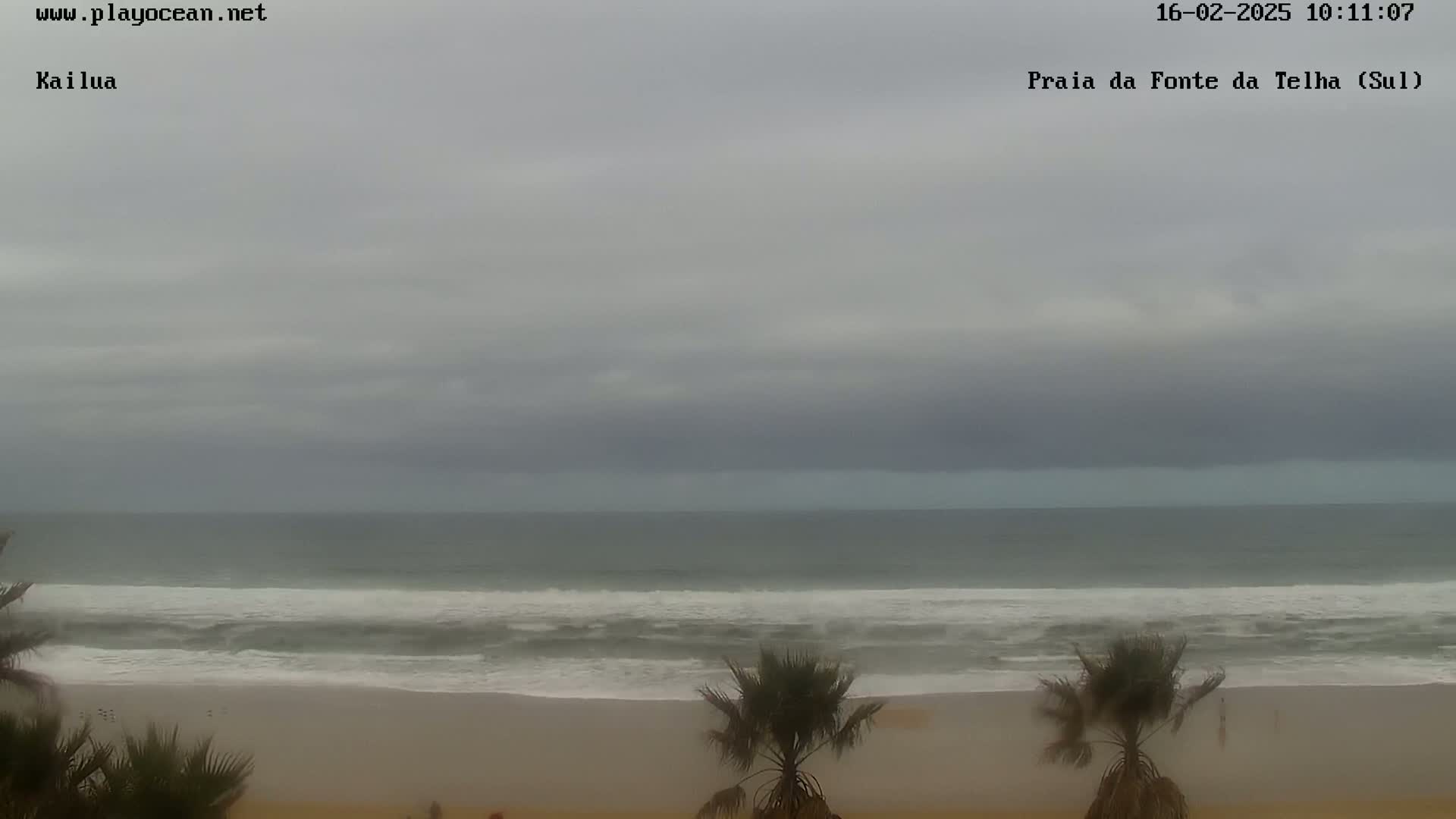 A mostly cloudy sky overlooks a beach with calm waves and a few palm trees.