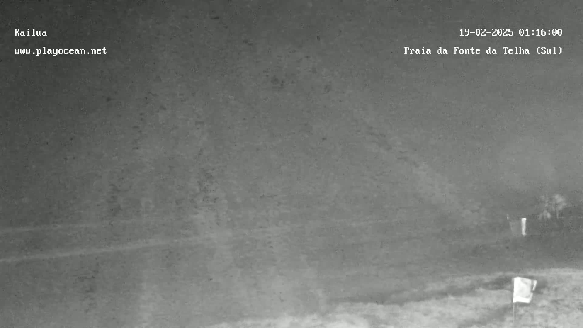 A nighttime, low-light image shows a mostly empty, flat, dark area, possibly a beach or field, under a cloudy sky.