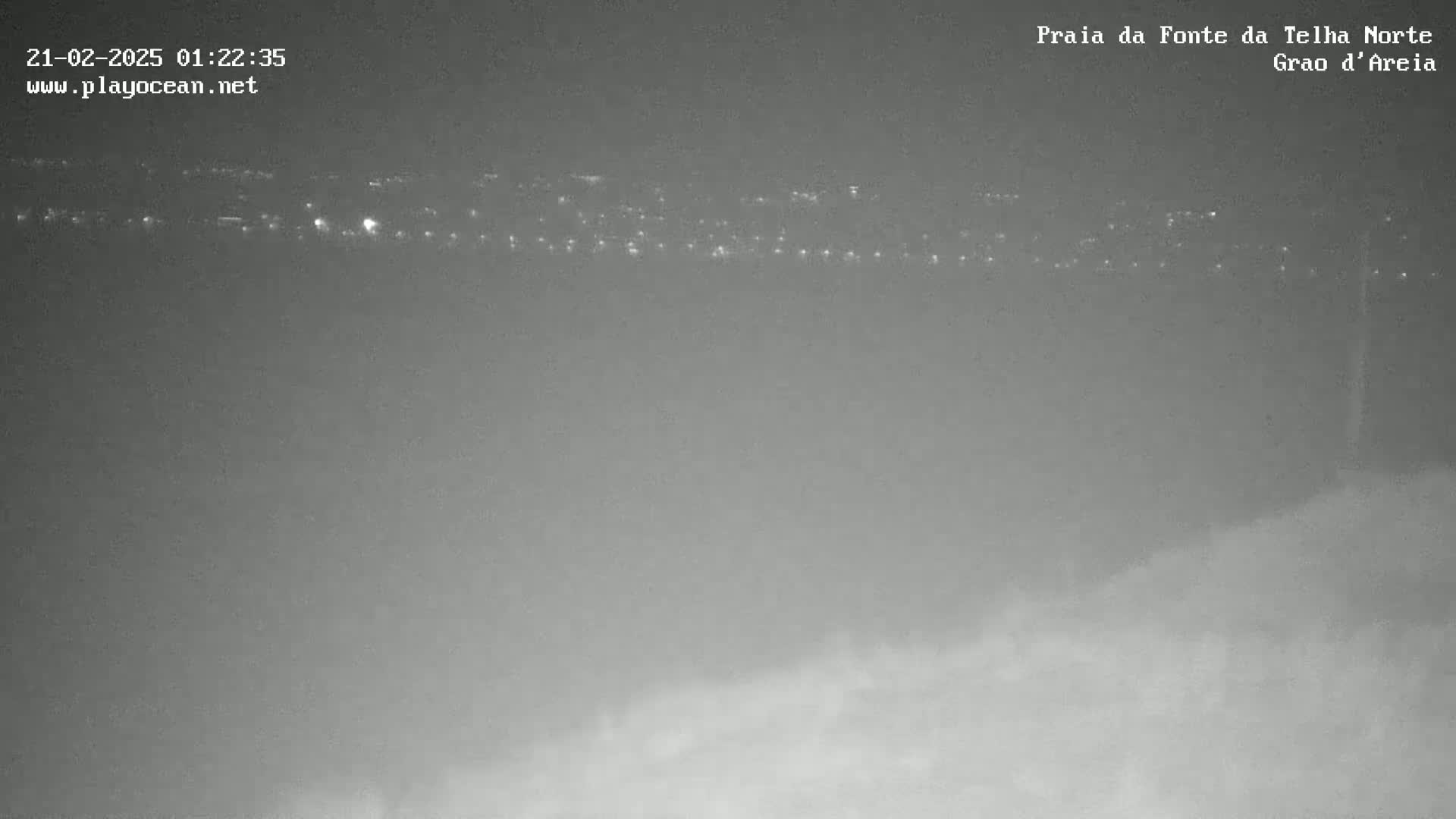A nighttime, hazy view shows a distant line of city lights.