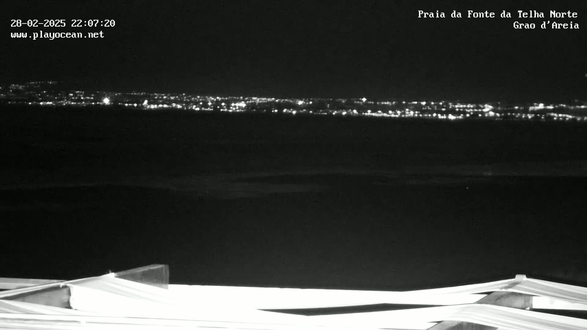 A nighttime, long-range view of a city's lights across a dark body of water, seen from a structure in the foreground.
