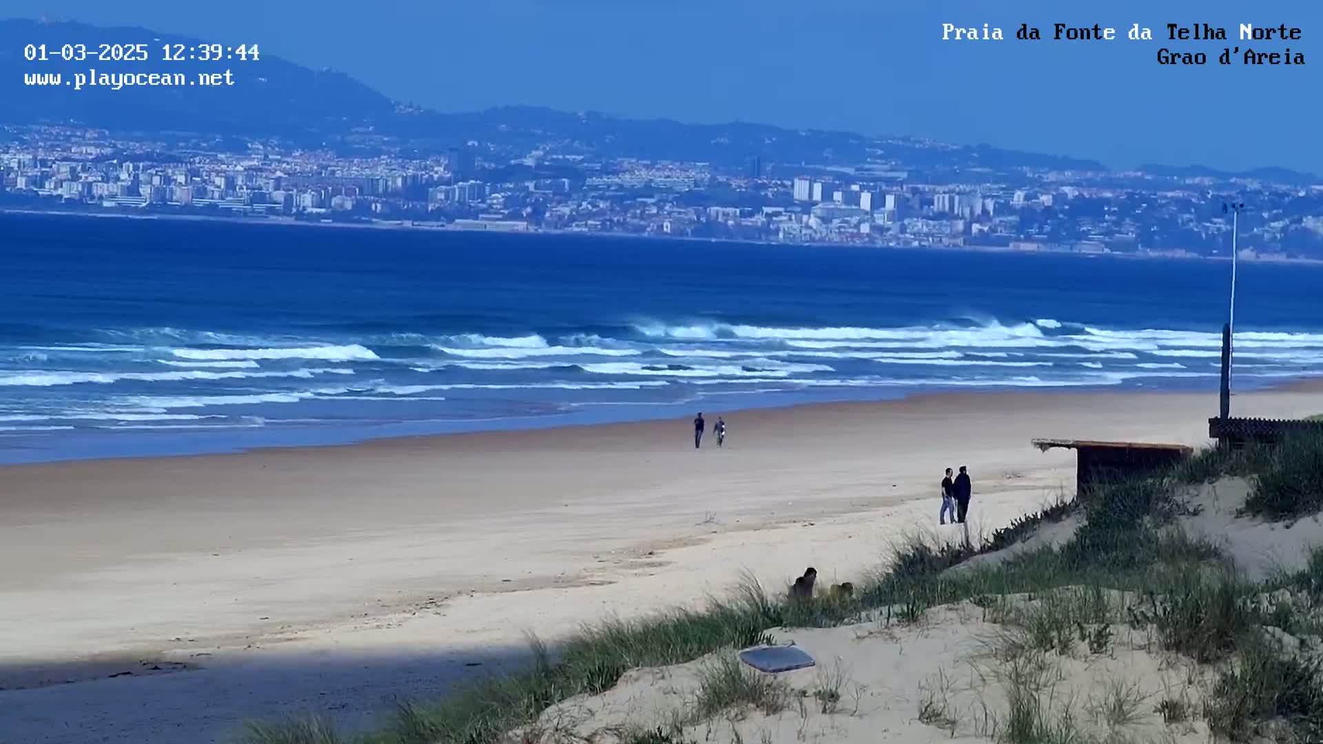 A sandy beach with gentle waves rolls toward a distant city under a clear blue sky.