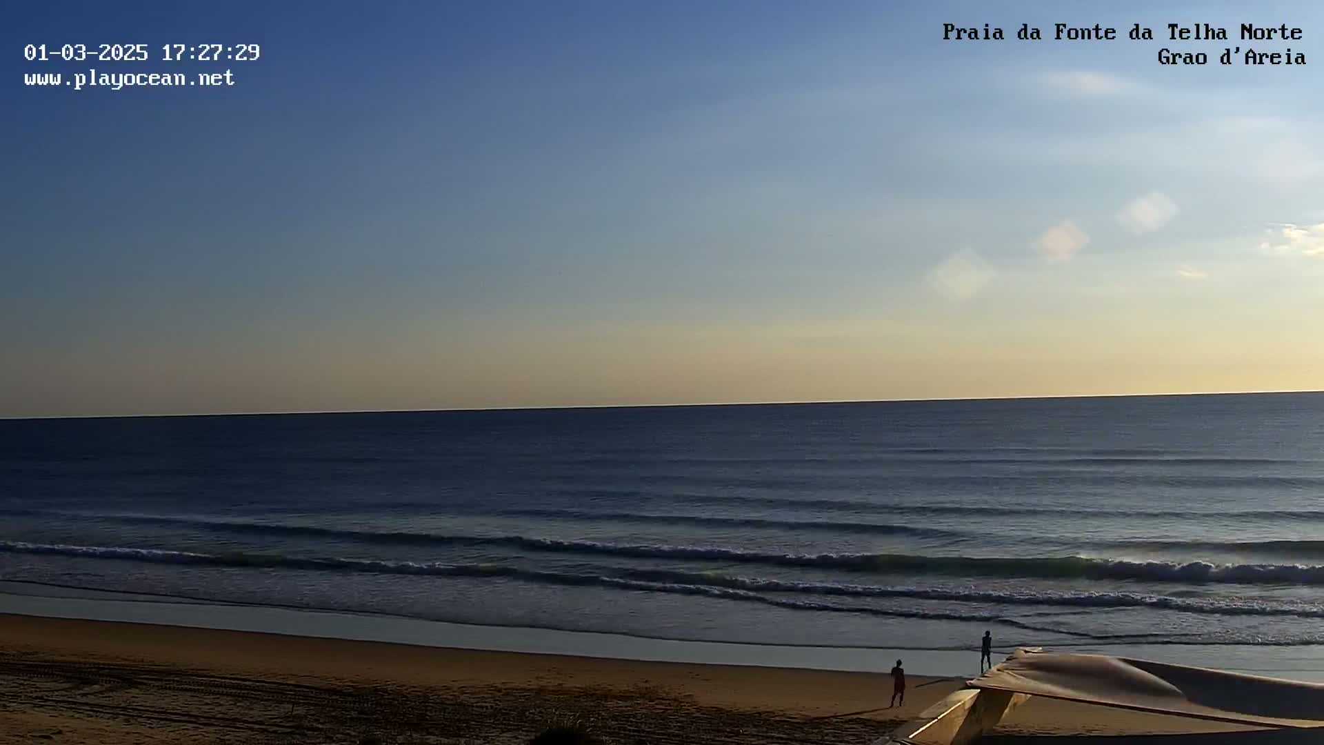 A mostly clear twilight sky overlooks a calm ocean with small waves lapping a sandy beach where two people stand.