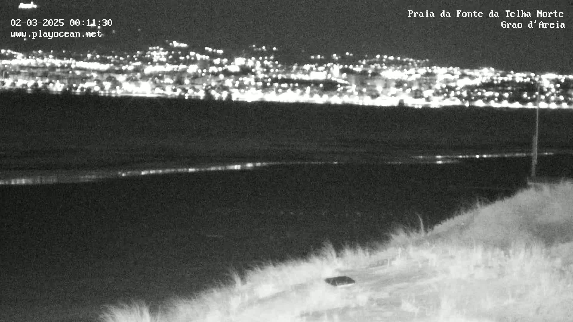 A nighttime view of a city skyline illuminated by lights across a body of dark water, with grassy dunes in the foreground under a clear sky.