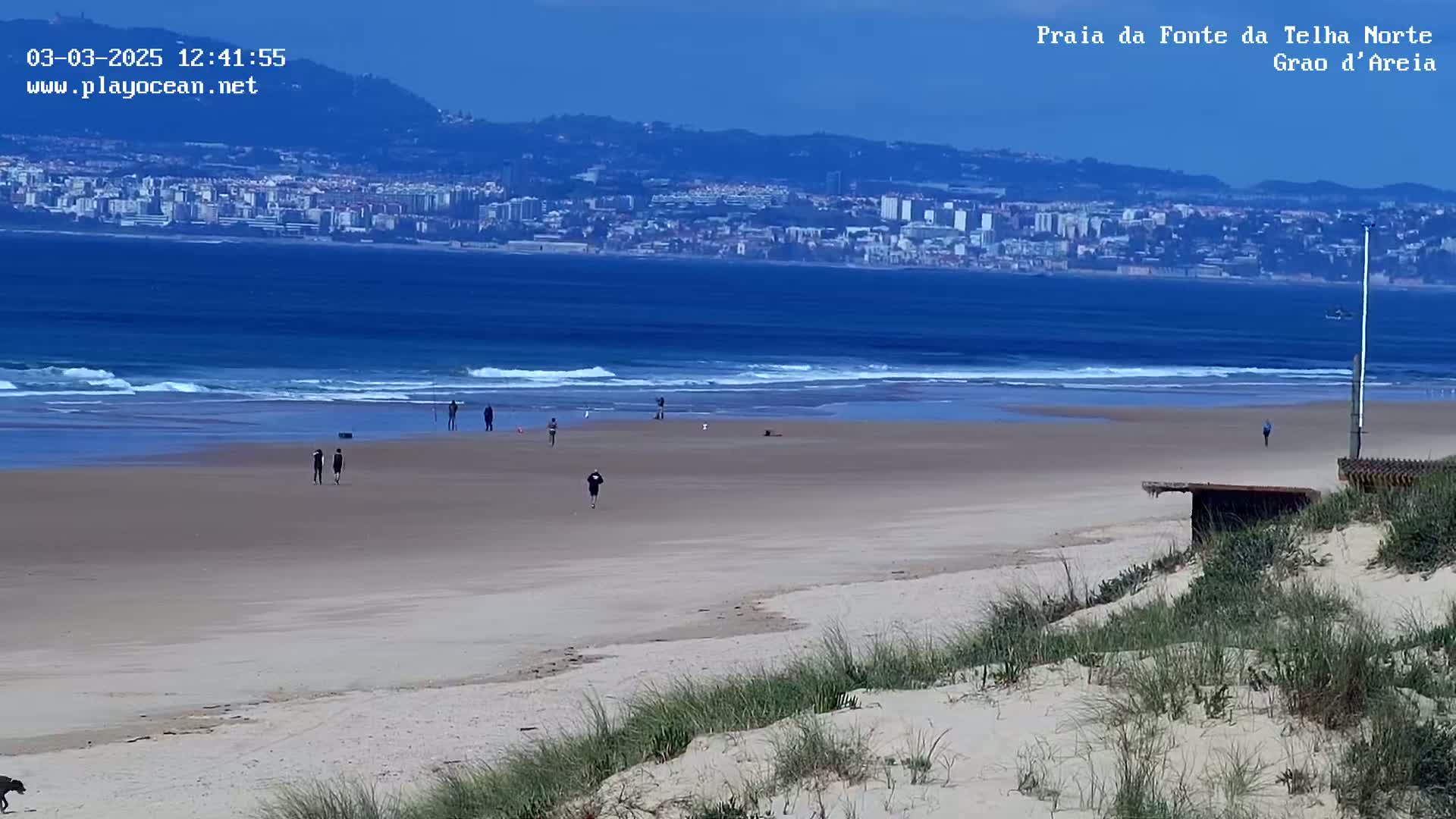 A sandy beach with a few people walking, stretches to a calm ocean with small waves, under a clear sky, with a distant cityscape visible on the horizon.