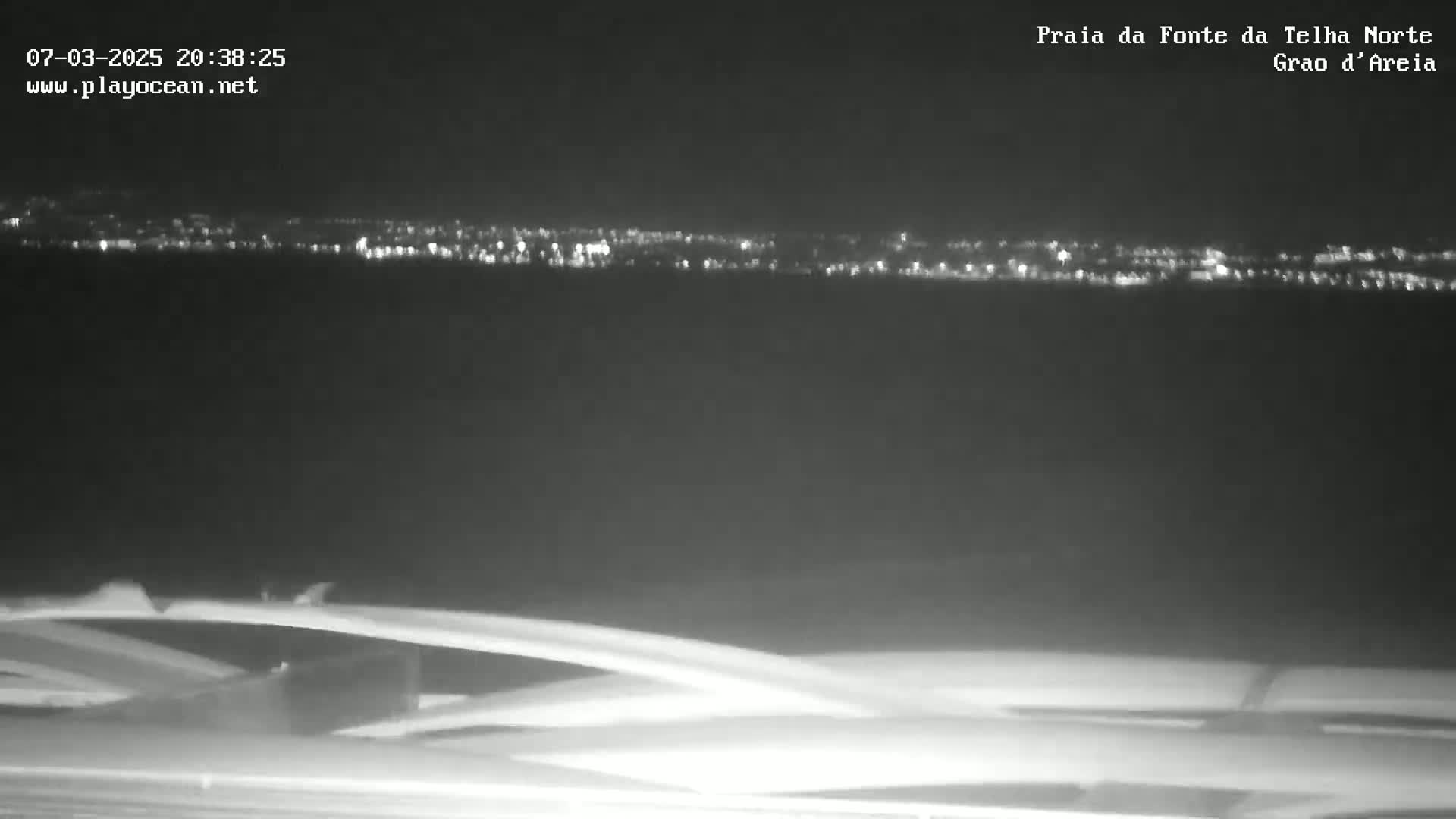 A nighttime, low-angle view from what appears to be a vehicle shows a distant city skyline illuminated with lights across a dark body of water.