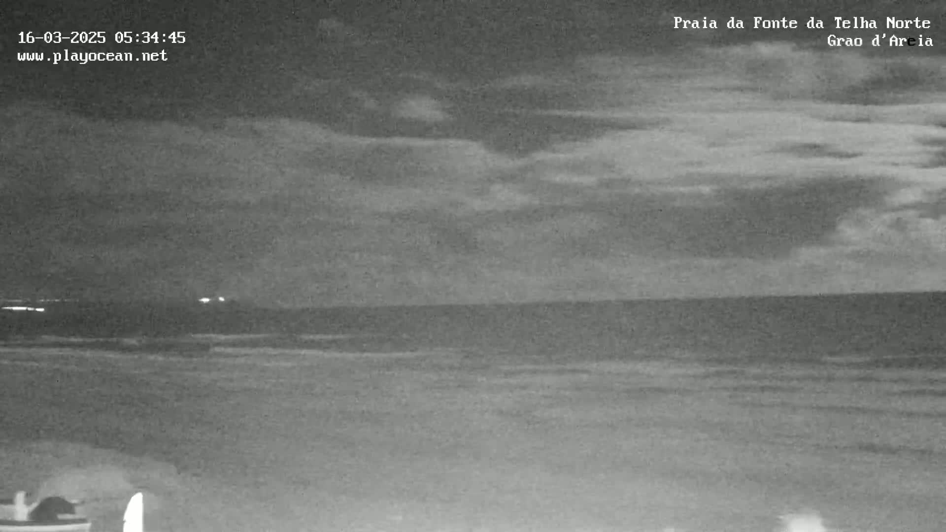 A nighttime beach scene shows a dark ocean with small waves under a cloudy sky.