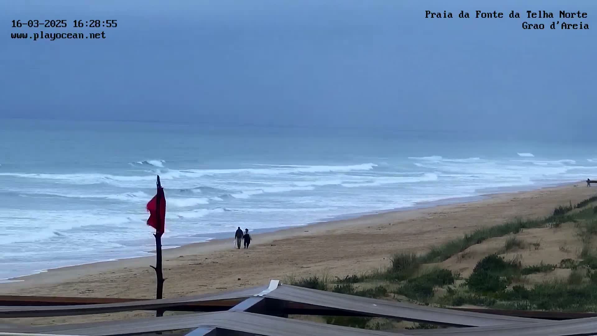A mostly cloudy day shows a beach with moderate waves, a red flag on a post, and a few people walking along the shore.