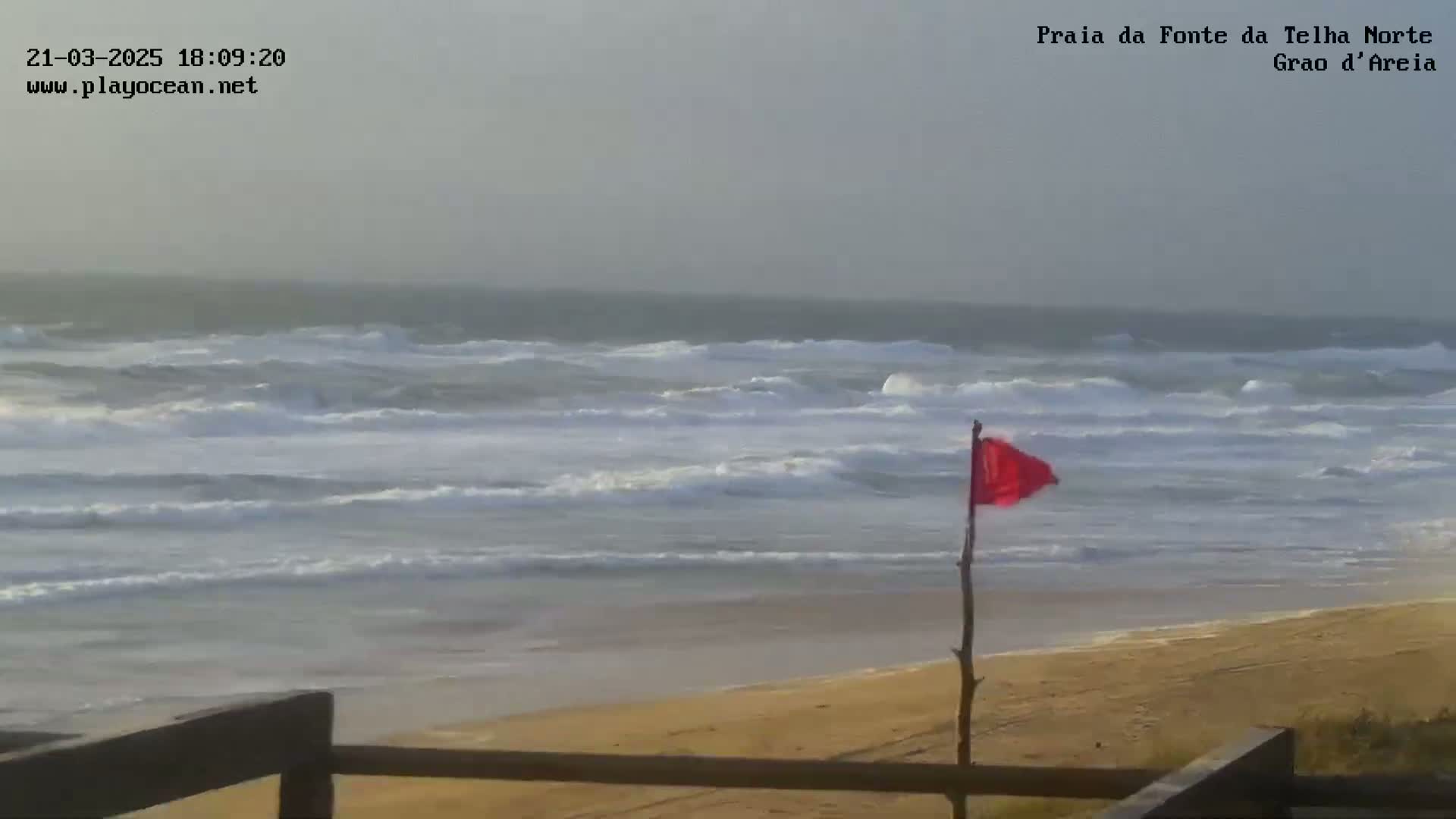 A red flag stands on a sandy beach overlooking a choppy ocean under an overcast sky.