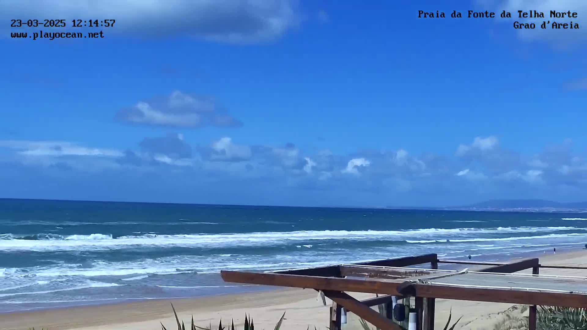 A mostly sunny day at a beach shows a blue ocean with moderate waves, a sandy shore, and a wooden structure in the foreground.