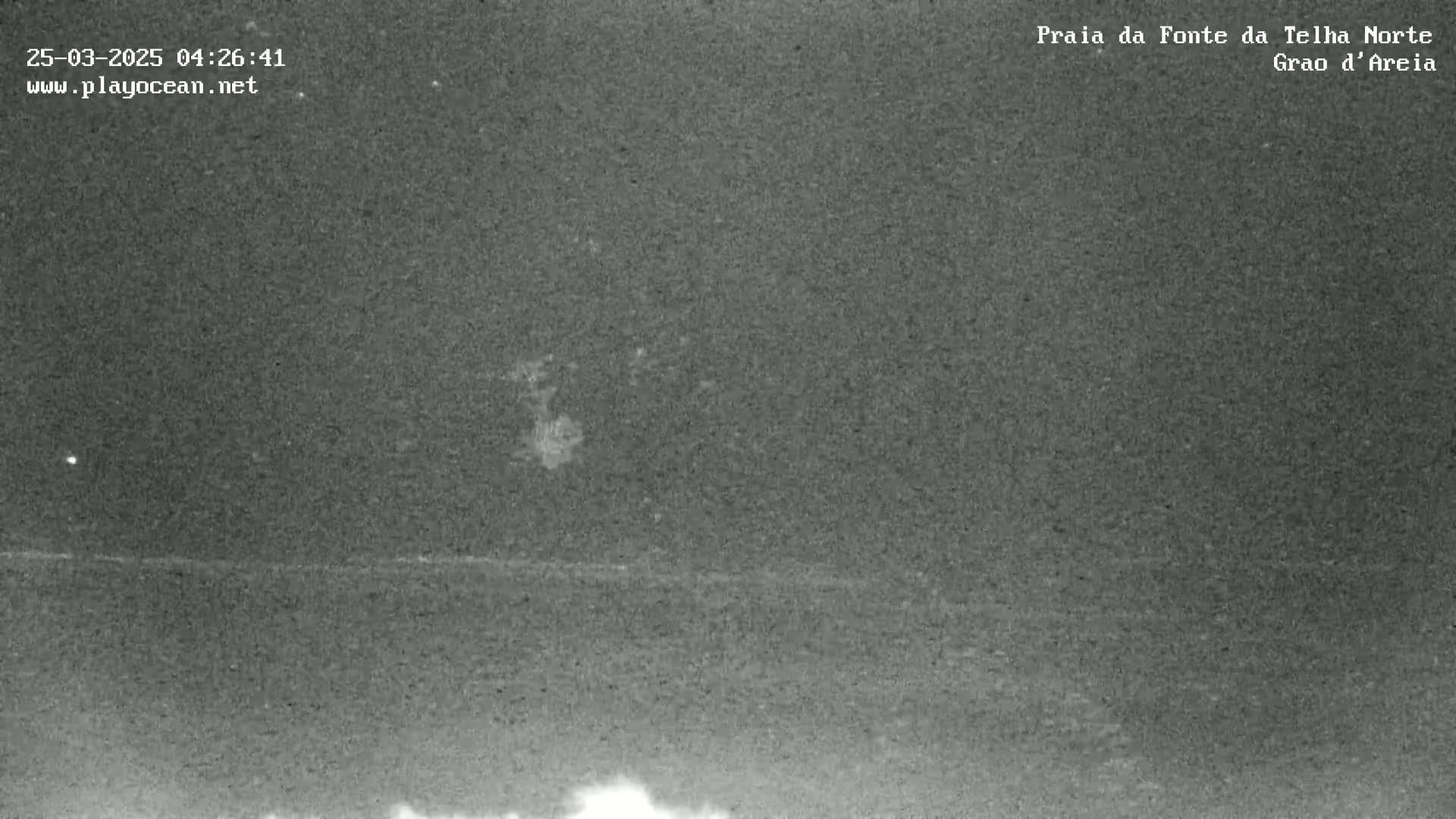 A nighttime, low-light image shows a dark, grainy view of a coastline under a mostly clear sky.