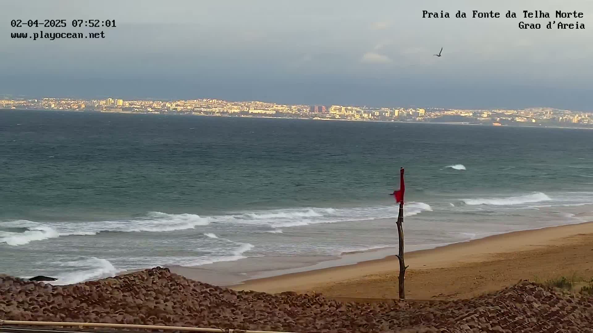 A sandy beach with small waves and a distant city skyline under a mostly cloudy sky.