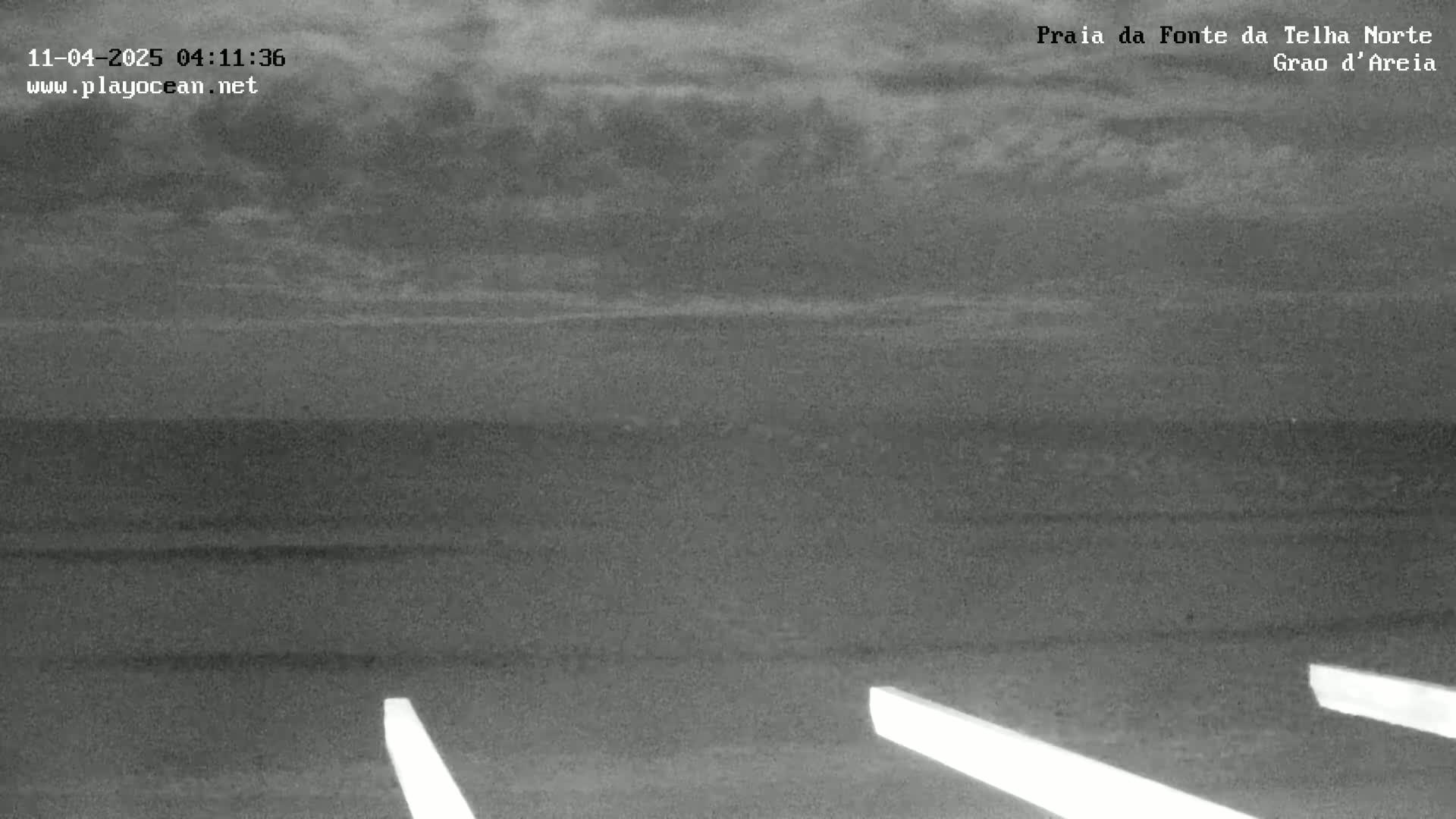 A low-light, overcast view of a flat expanse of land meeting a dark body of water under a cloudy sky, with two bright white lines in the foreground.