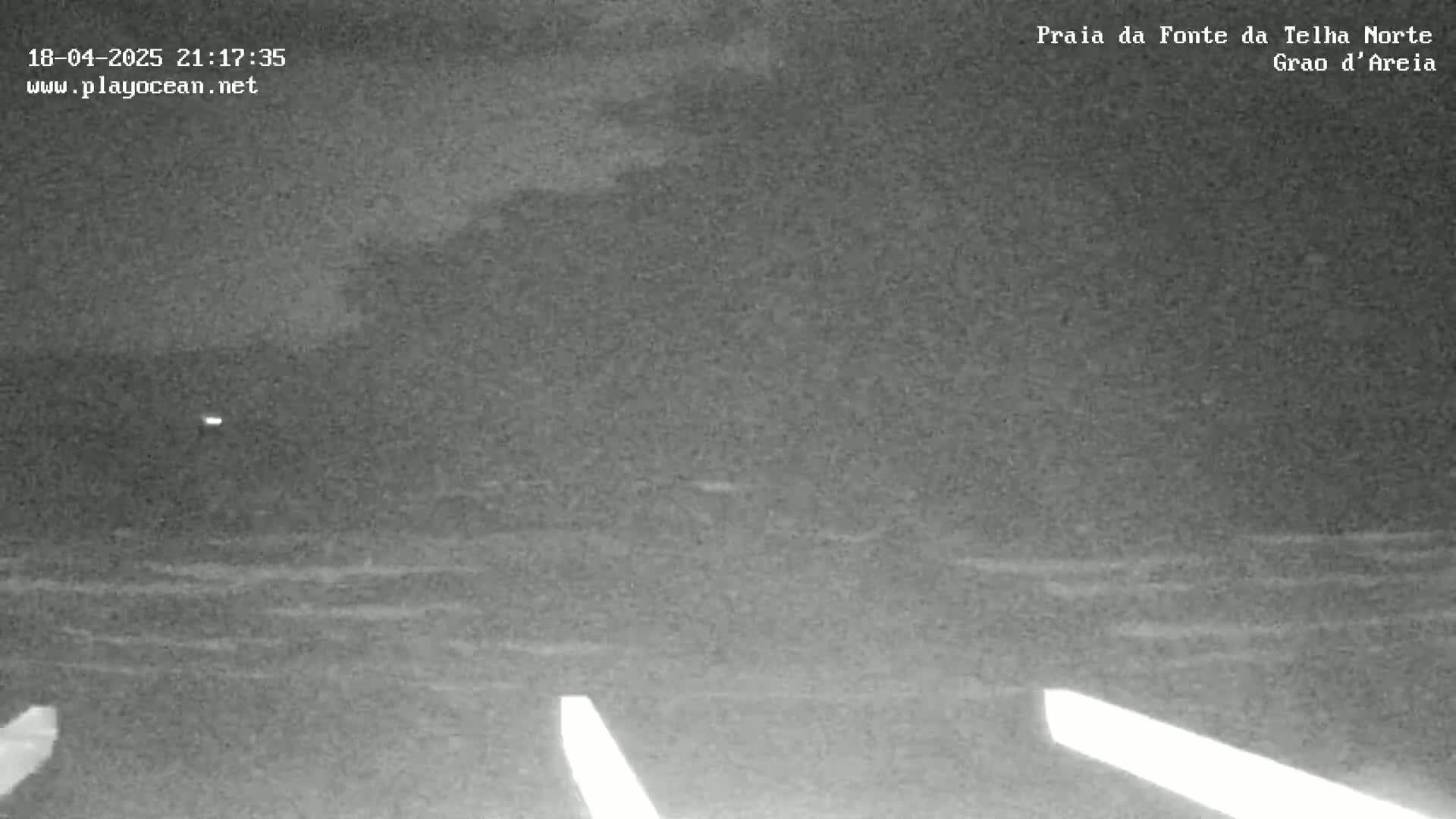 A nighttime, low-light image shows a dark, wavy ocean under a cloudy sky.